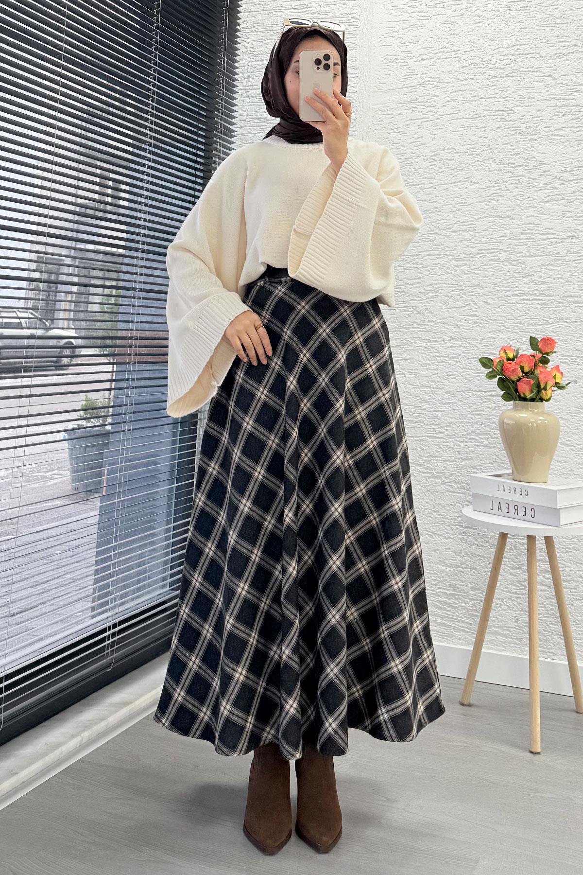 Kemerli Yandan Fermuarlı Ekose Desen Etek - Siyah