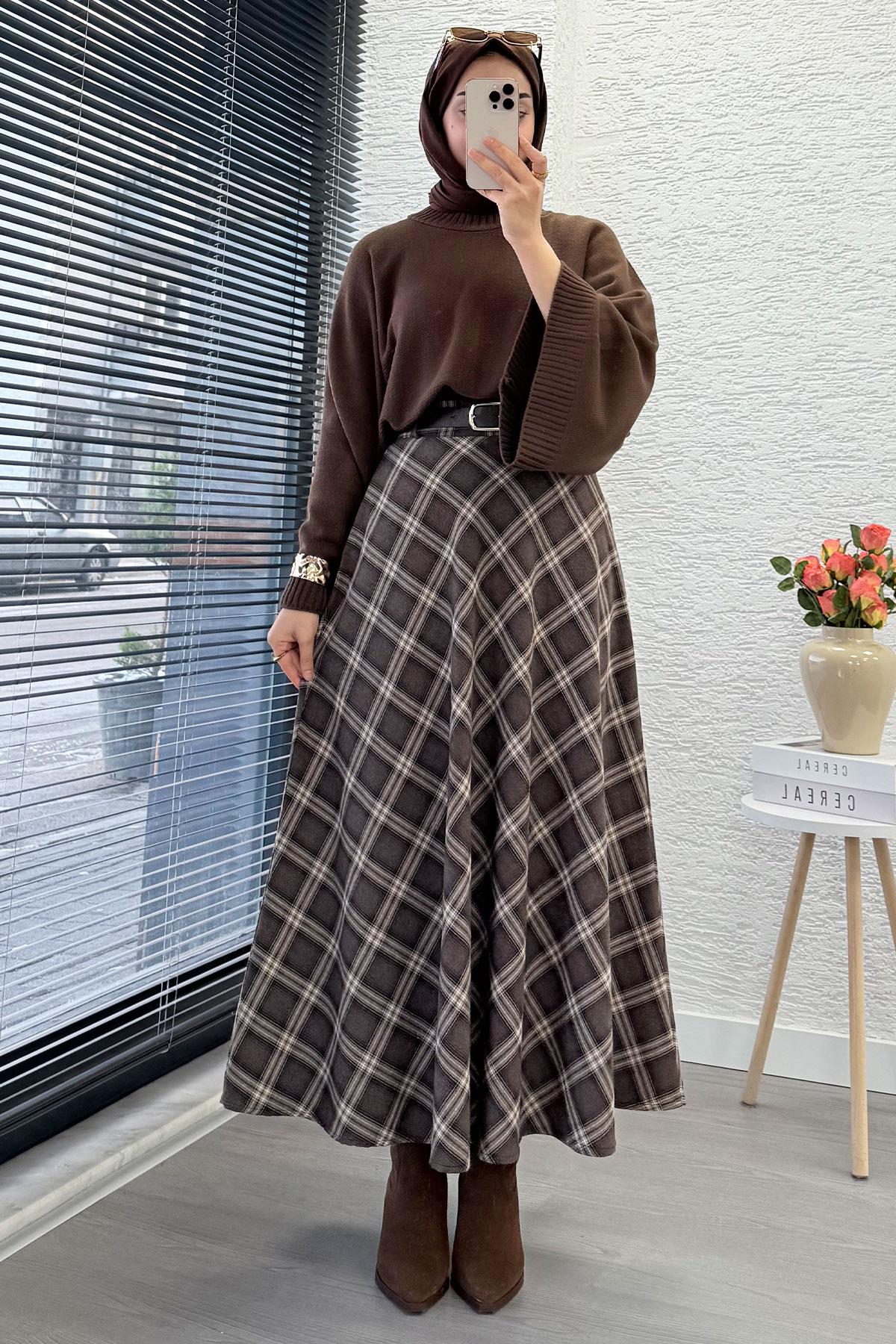 Kemerli Yandan Fermuarlı Ekose Desen Etek - Kahverengi