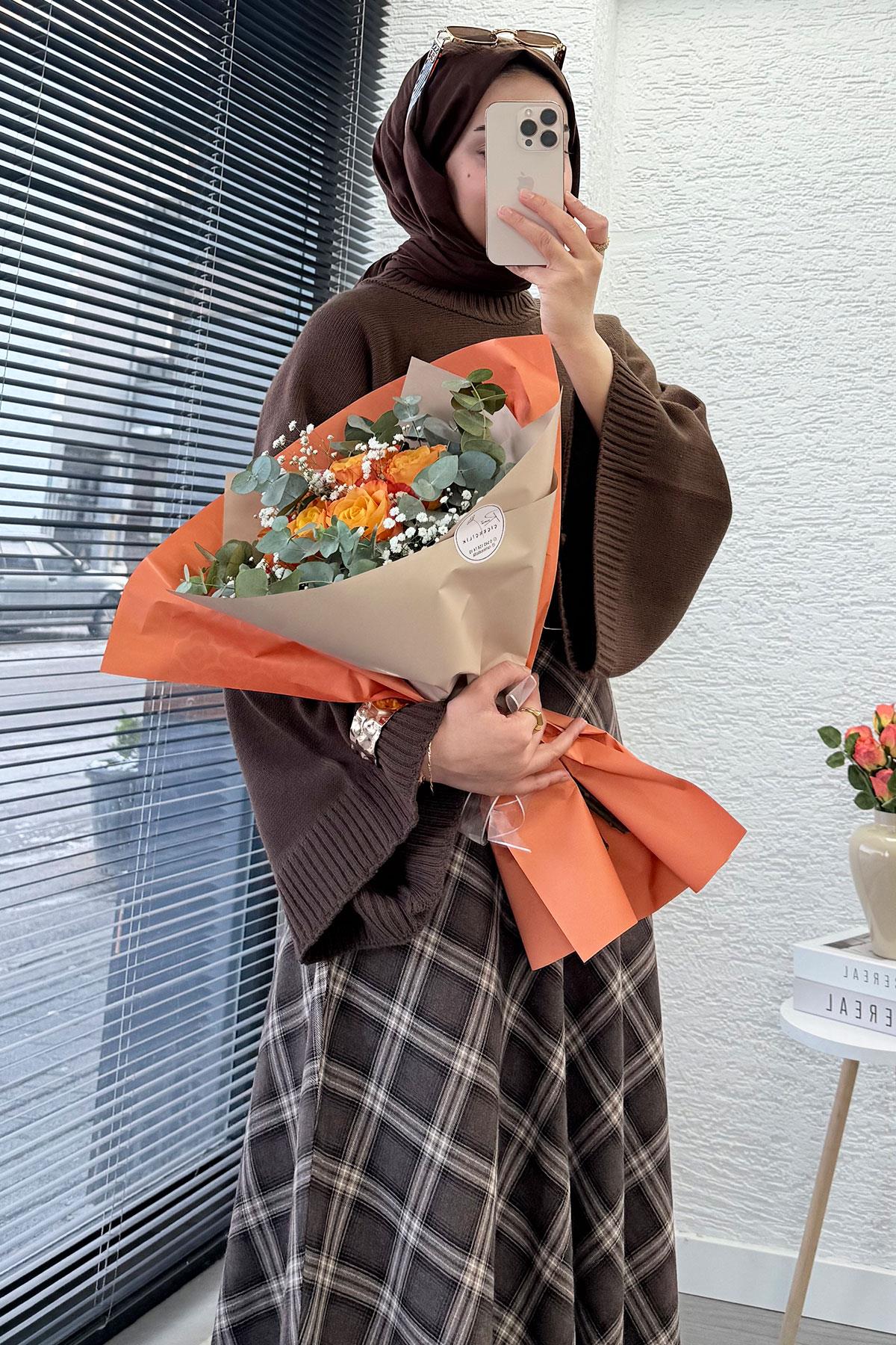 Kemerli Yandan Fermuarlı Ekose Desen Etek - Kahverengi