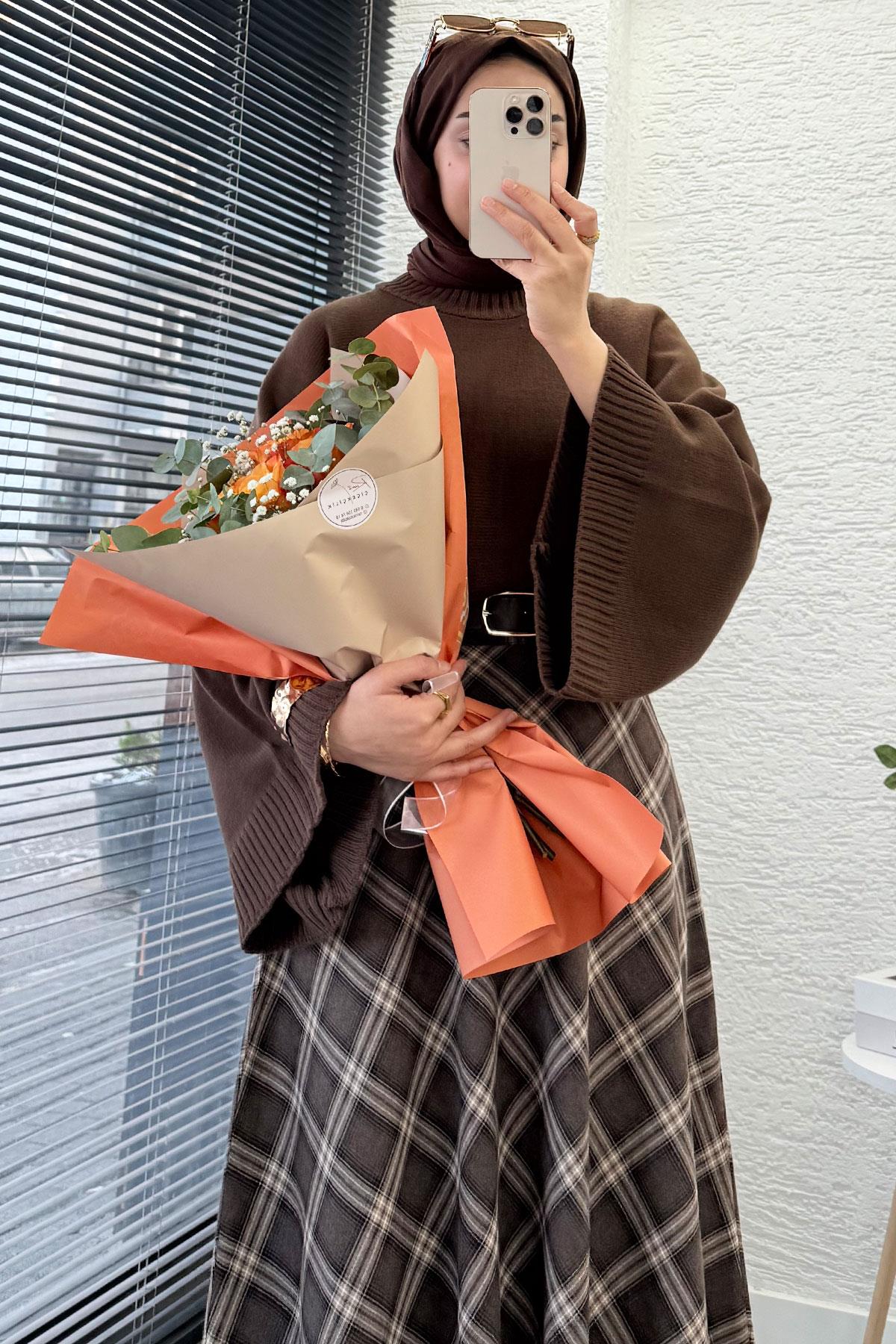 Kemerli Yandan Fermuarlı Ekose Desen Etek - Kahverengi