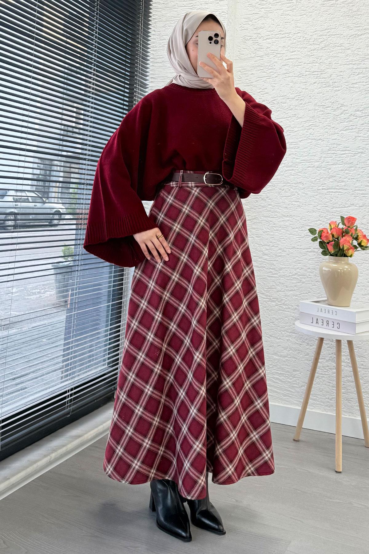 Kemerli Yandan Fermuarlı Ekose Desen Etek - Bordo