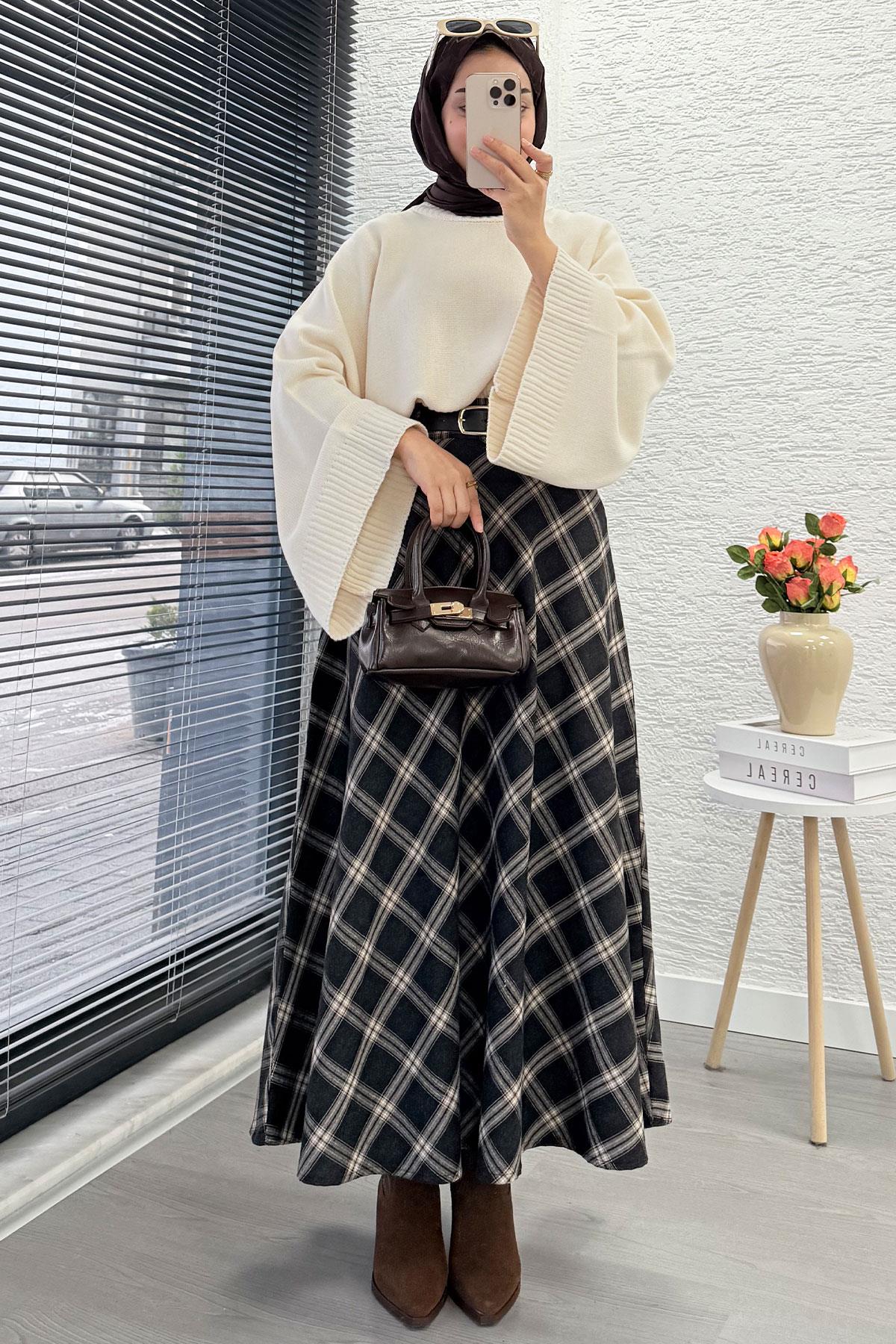 Kemerli Yandan Fermuarlı Ekose Desen Etek - Siyah