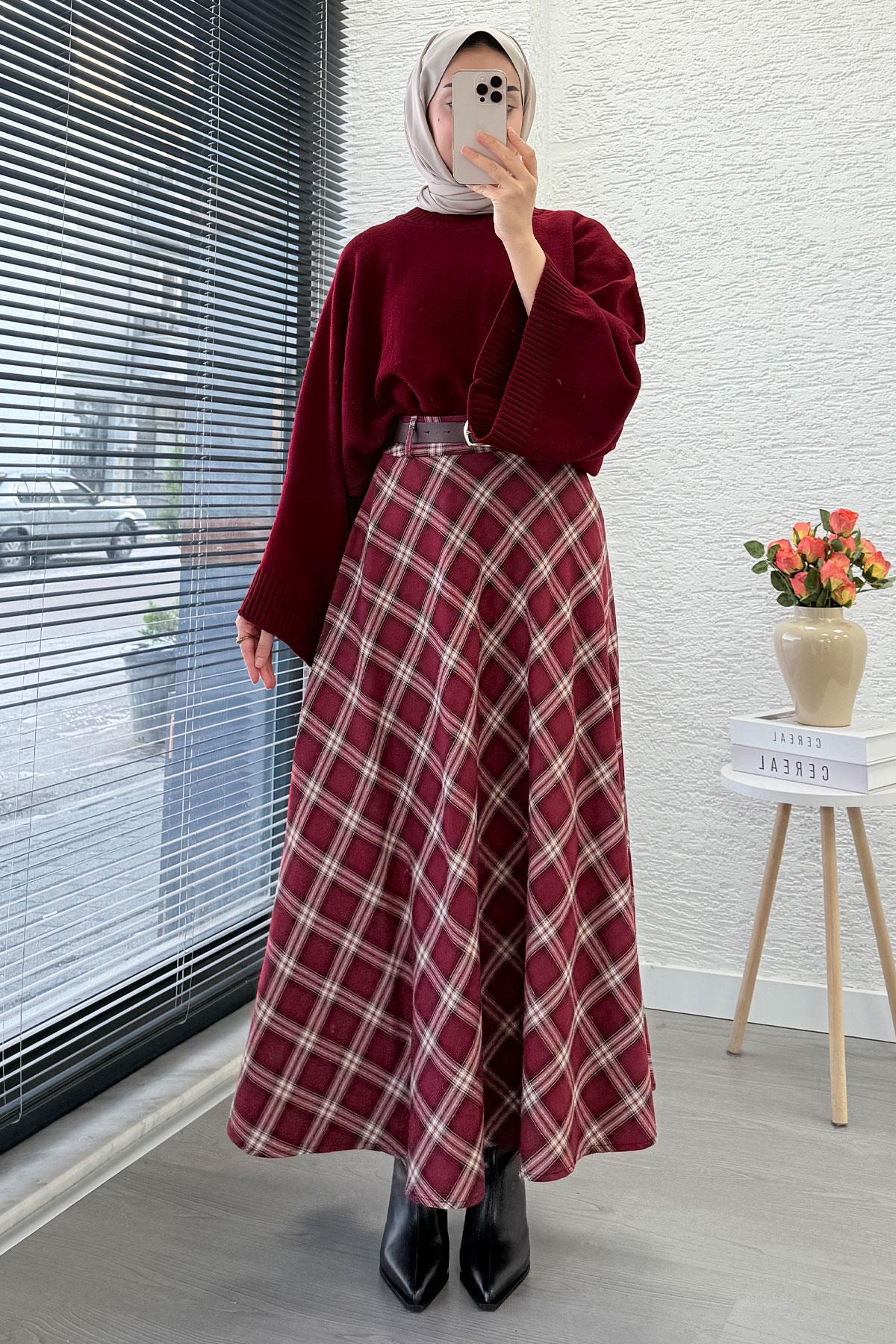 Kemerli Yandan Fermuarlı Ekose Desen Etek - Bordo