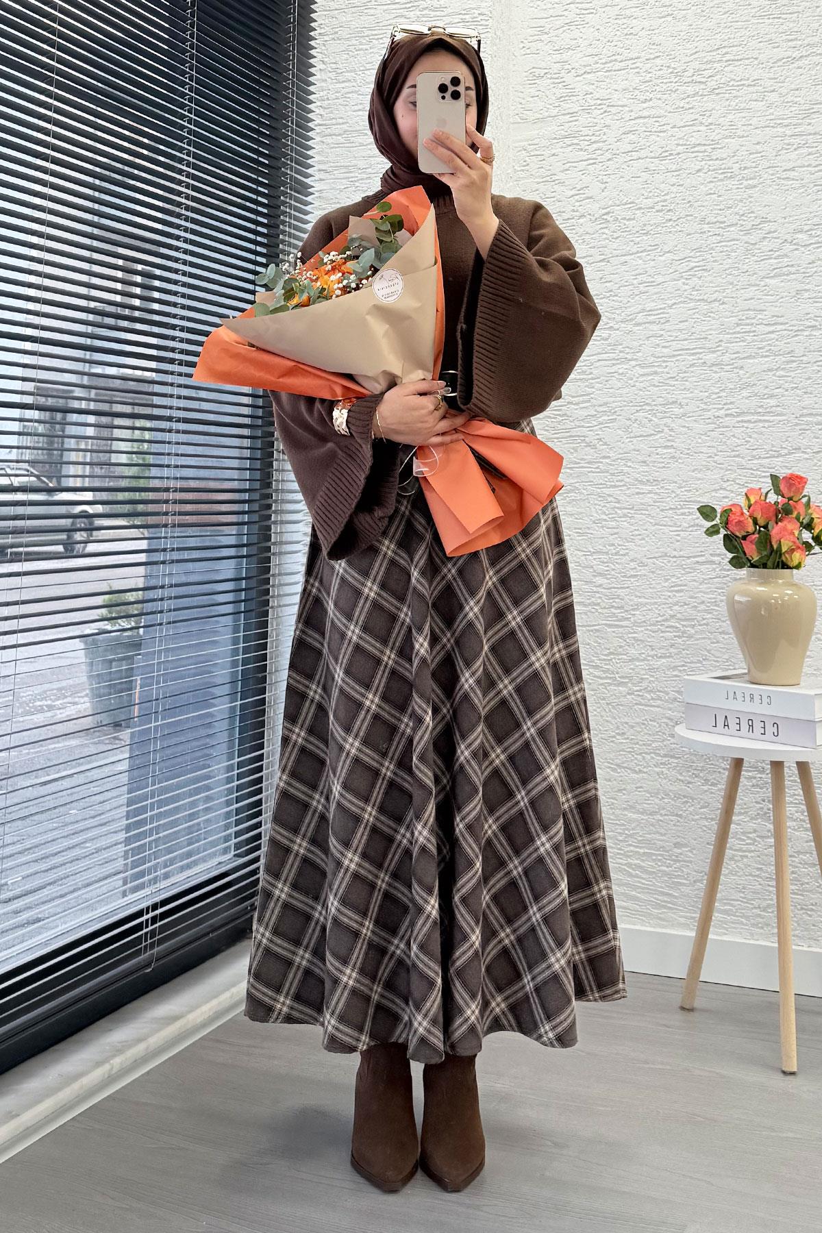 Kemerli Yandan Fermuarlı Ekose Desen Etek - Kahverengi