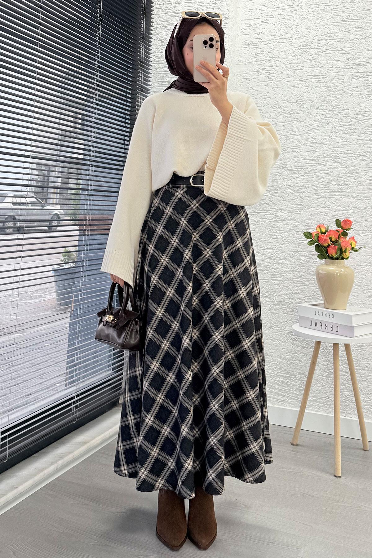 Kemerli Yandan Fermuarlı Ekose Desen Etek - Siyah