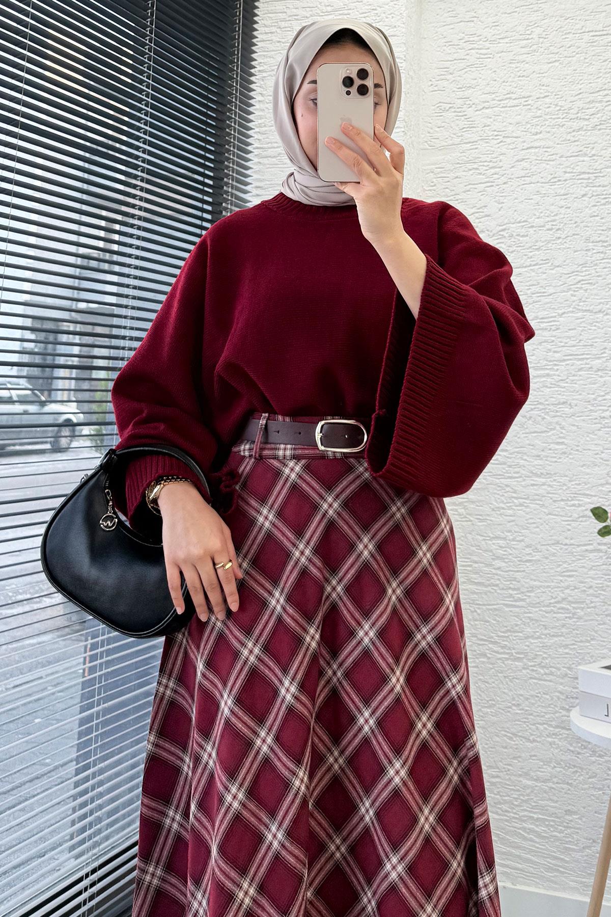 Kemerli Yandan Fermuarlı Ekose Desen Etek - Bordo