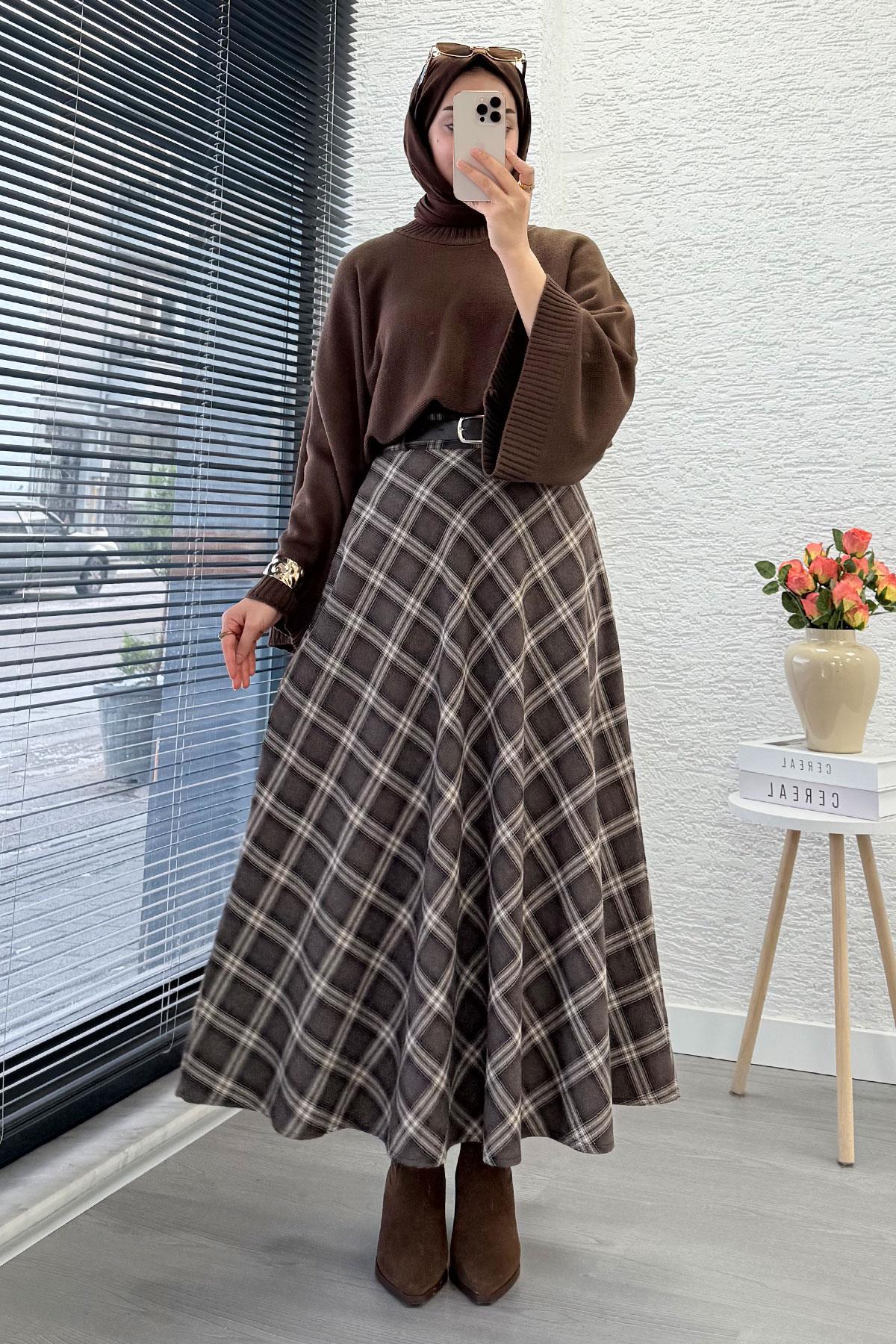 Kemerli Yandan Fermuarlı Ekose Desen Etek - Kahverengi