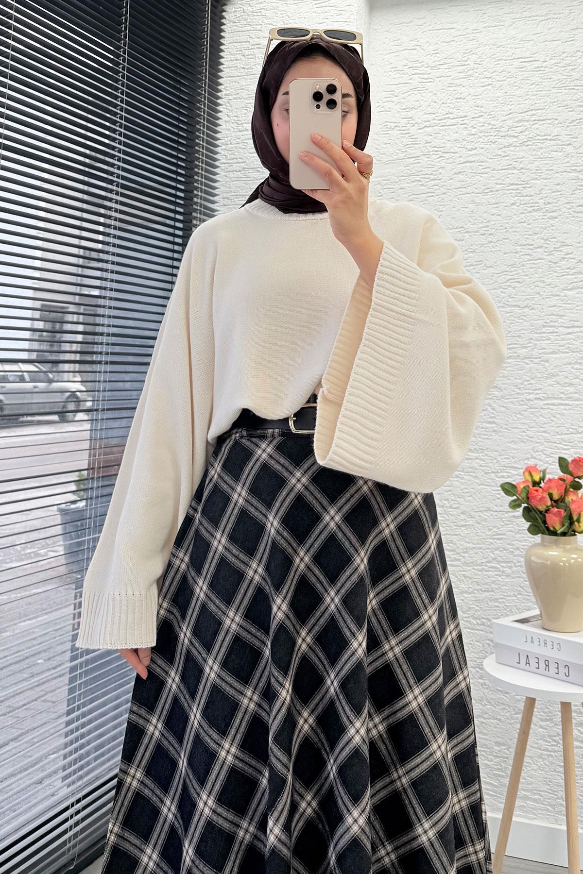 Kemerli Yandan Fermuarlı Ekose Desen Etek - Siyah