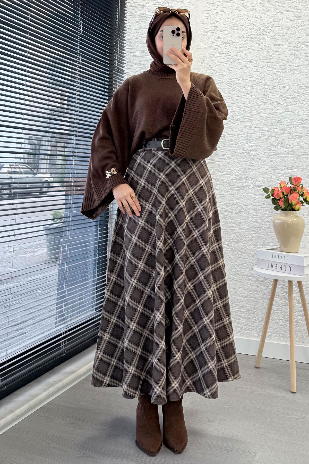 Kemerli Yandan Fermuarlı Ekose Desen Etek - Kahverengi