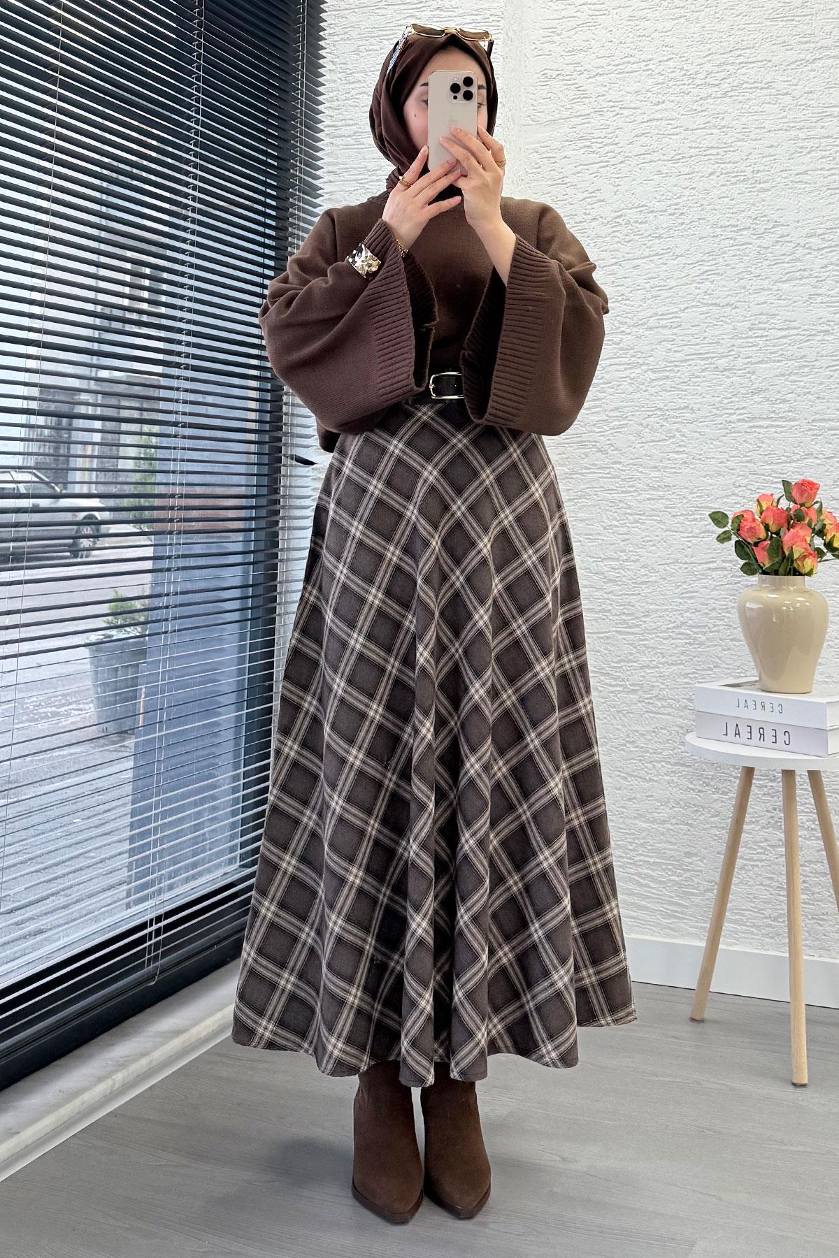 Kemerli Yandan Fermuarlı Ekose Desen Etek - Kahverengi