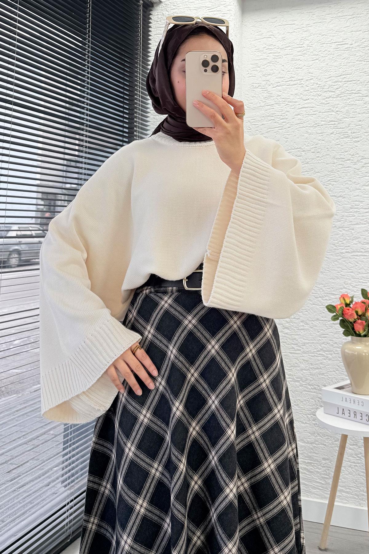 Kemerli Yandan Fermuarlı Ekose Desen Etek - Siyah