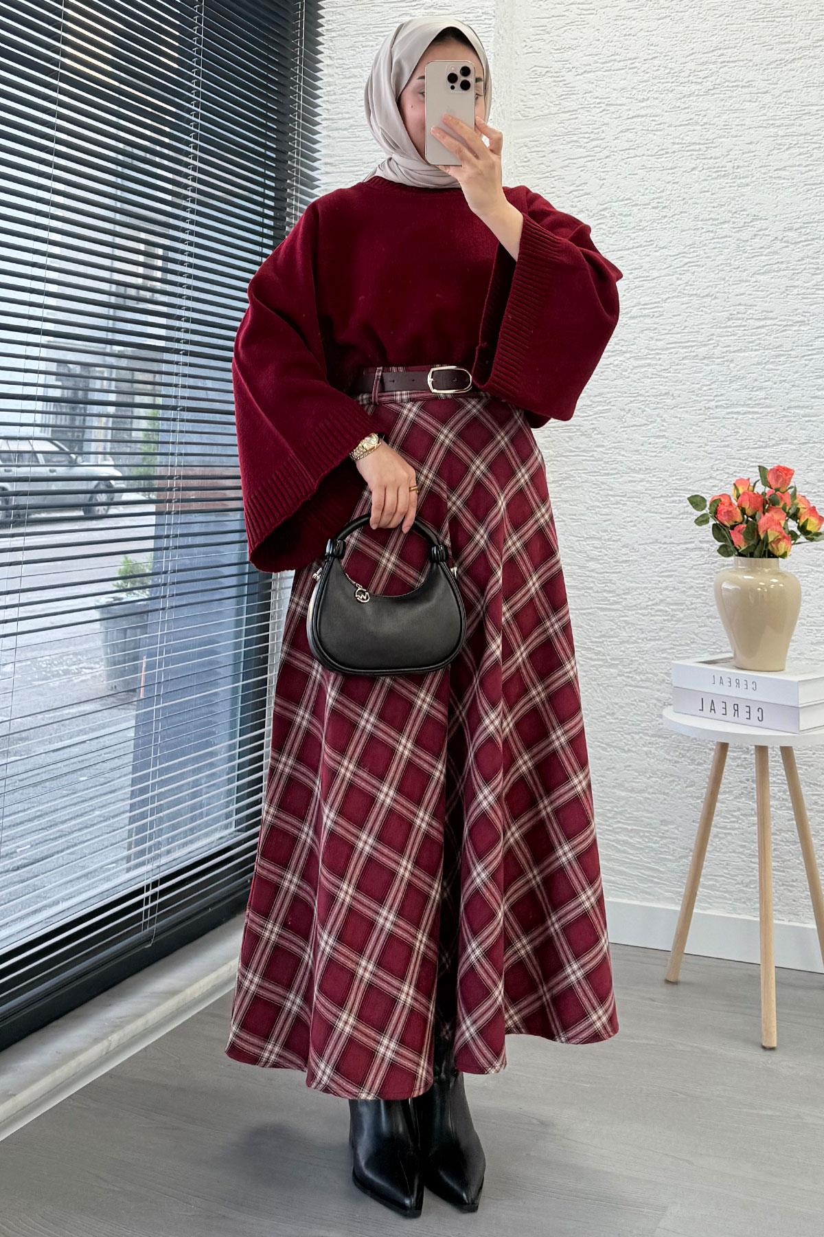 Kemerli Yandan Fermuarlı Ekose Desen Etek - Bordo