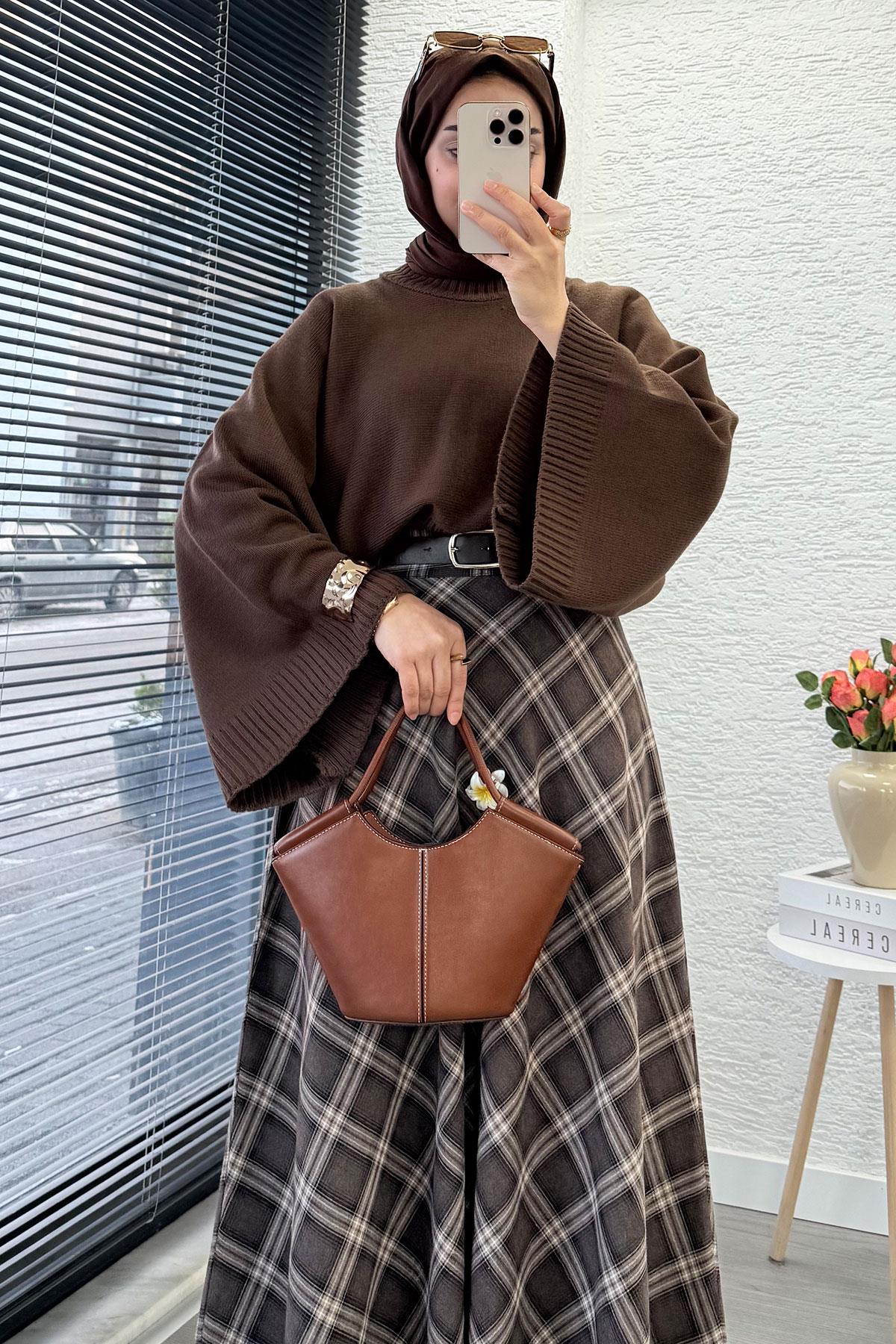 Kemerli Yandan Fermuarlı Ekose Desen Etek - Kahverengi