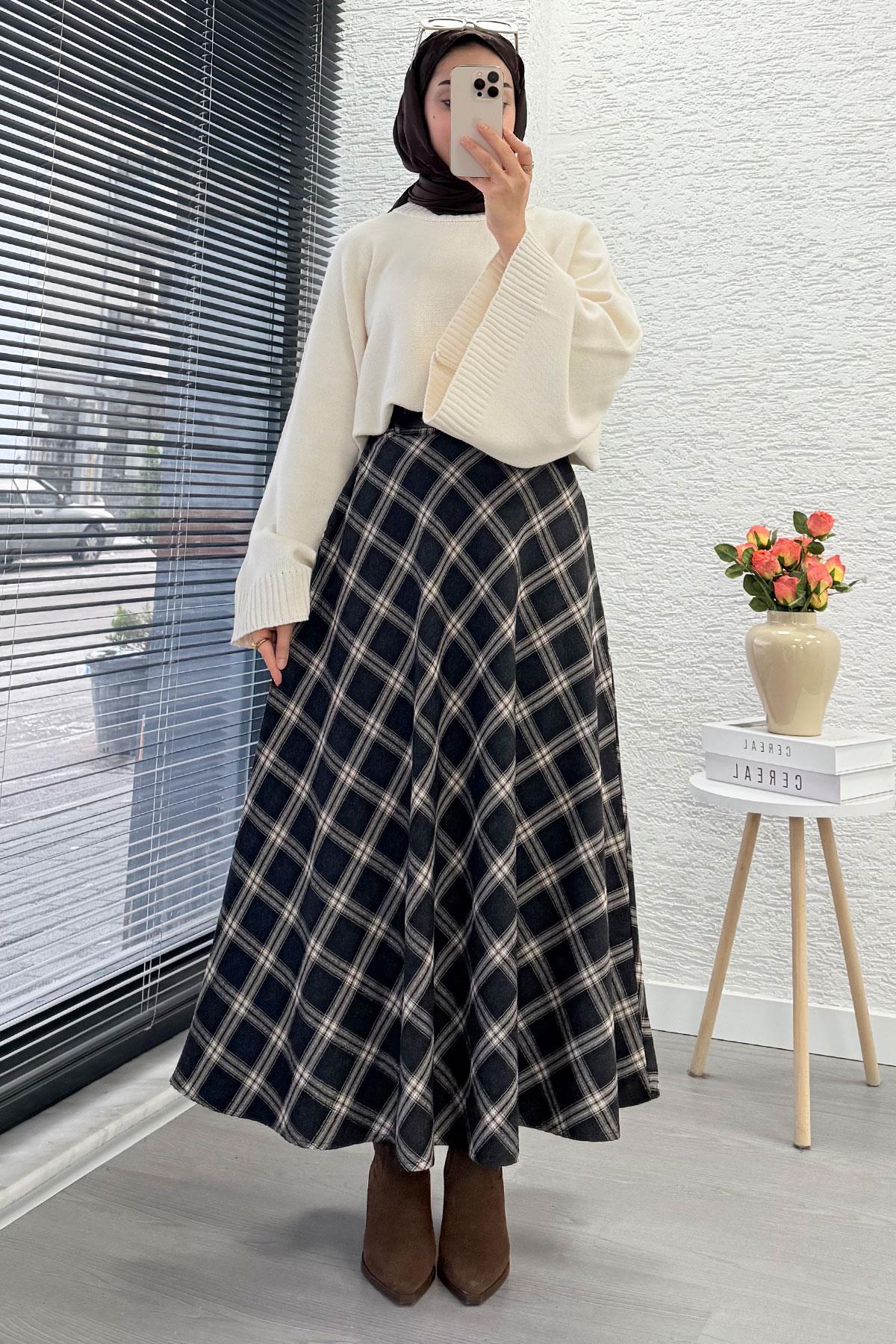 Kemerli Yandan Fermuarlı Ekose Desen Etek - Siyah