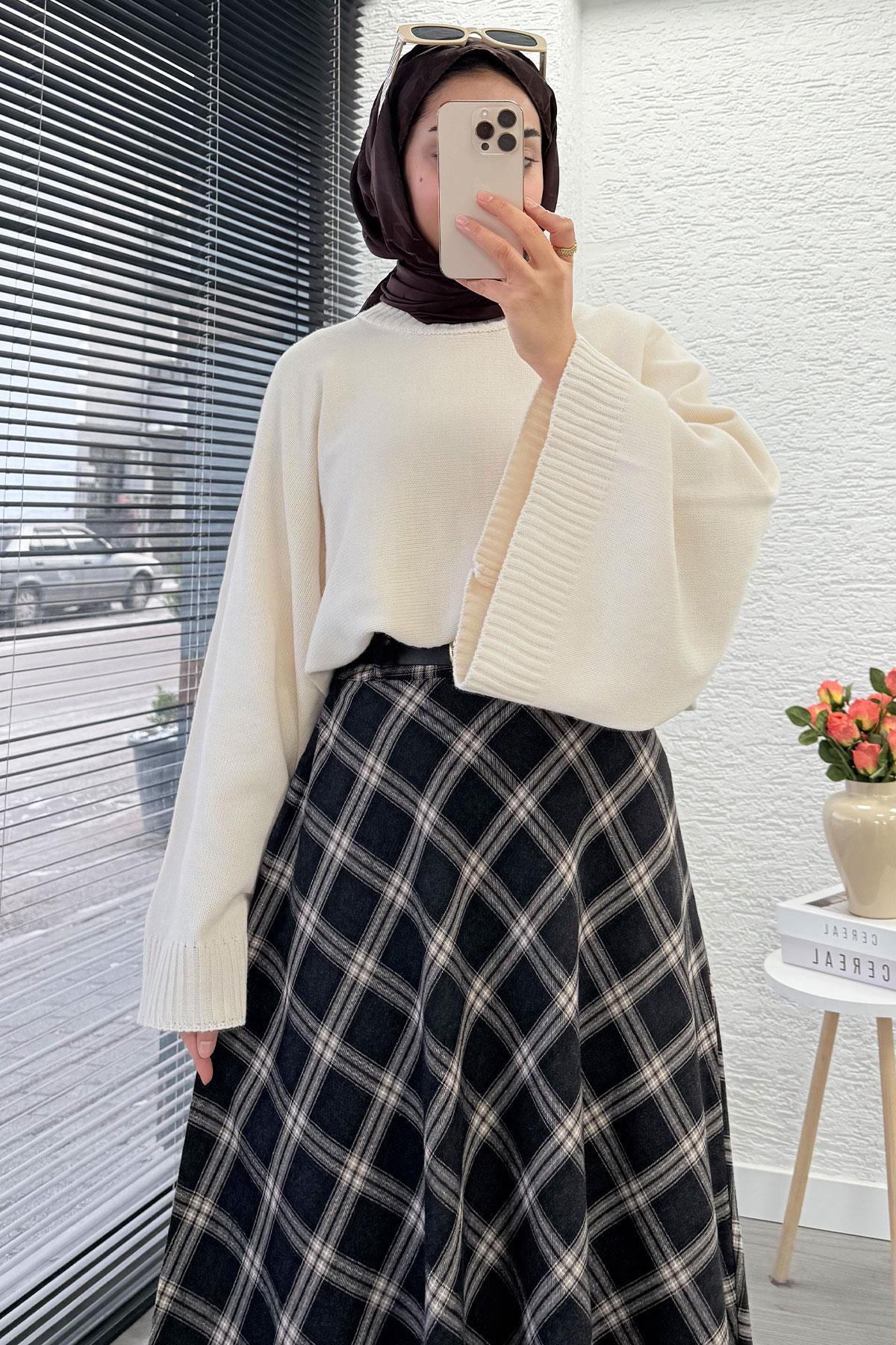 Kemerli Yandan Fermuarlı Ekose Desen Etek - Siyah