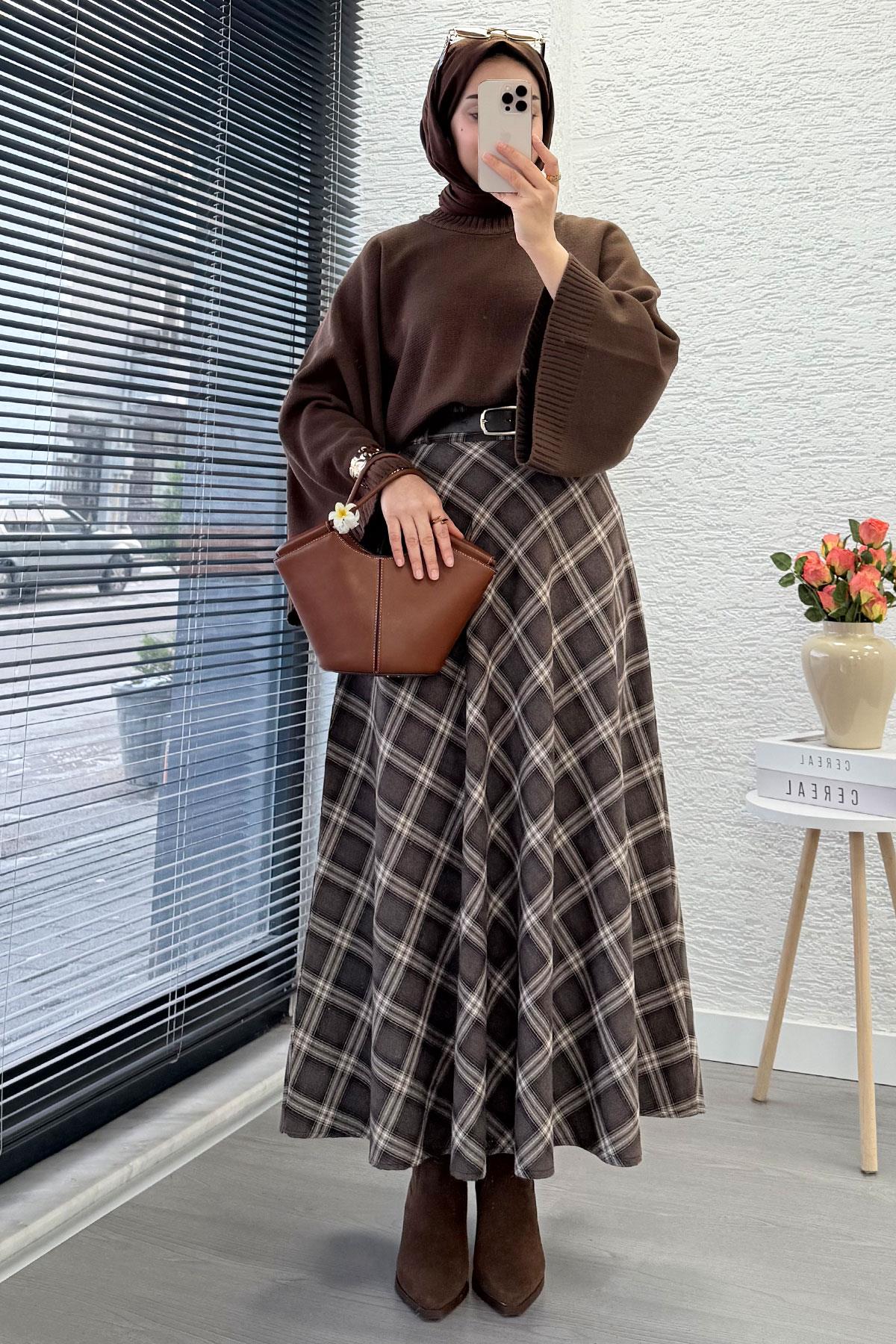 Kemerli Yandan Fermuarlı Ekose Desen Etek - Kahverengi