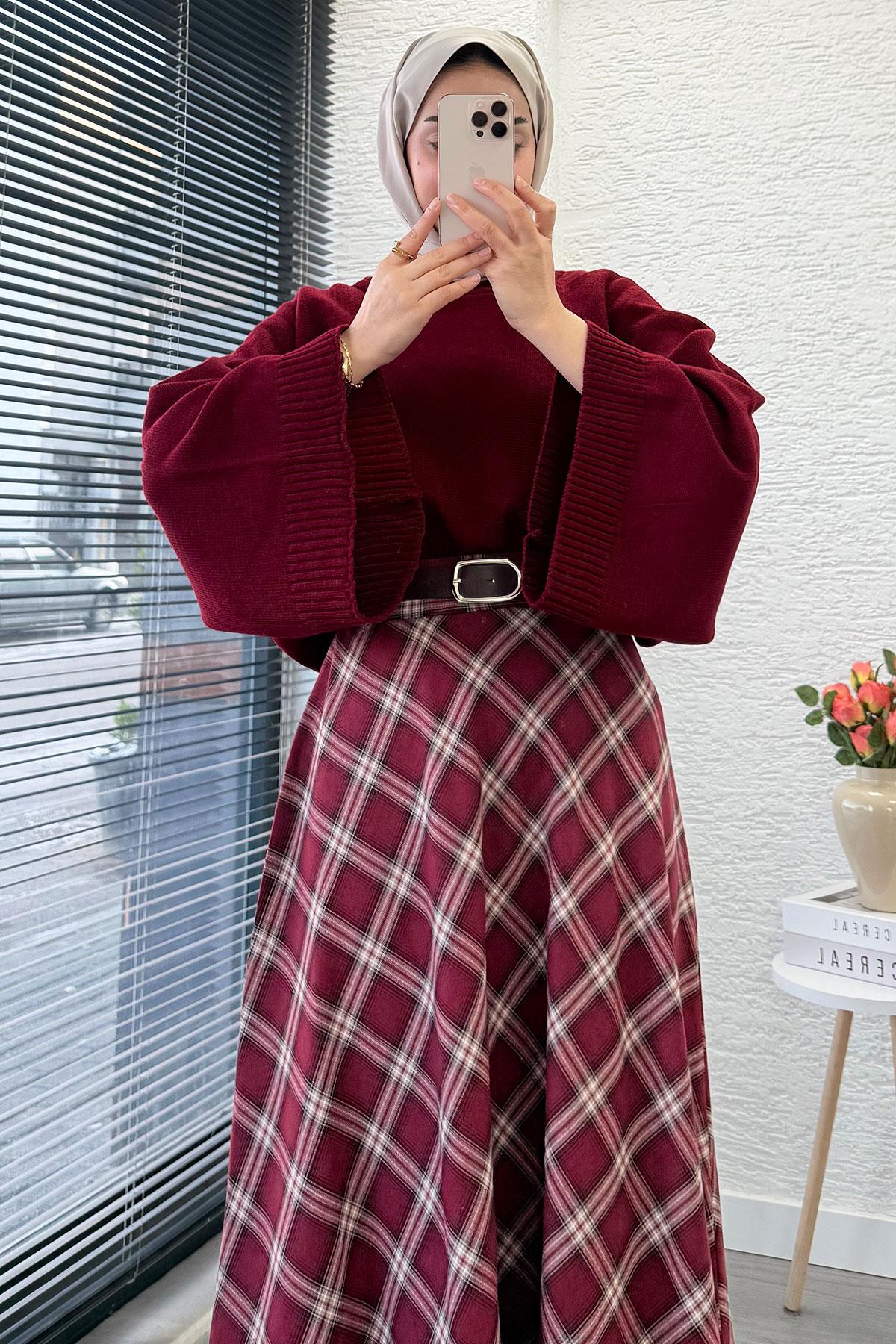 Kemerli Yandan Fermuarlı Ekose Desen Etek - Bordo