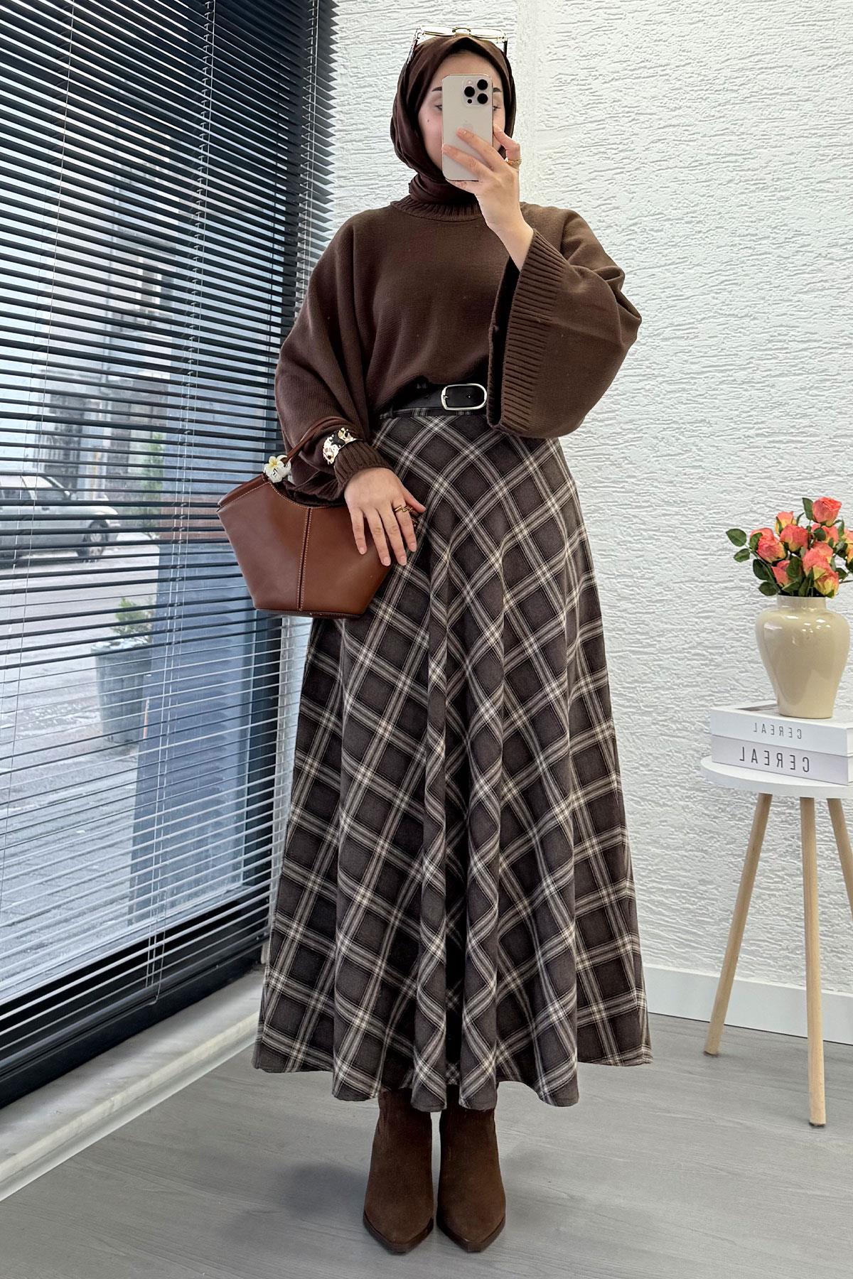 Kemerli Yandan Fermuarlı Ekose Desen Etek - Kahverengi