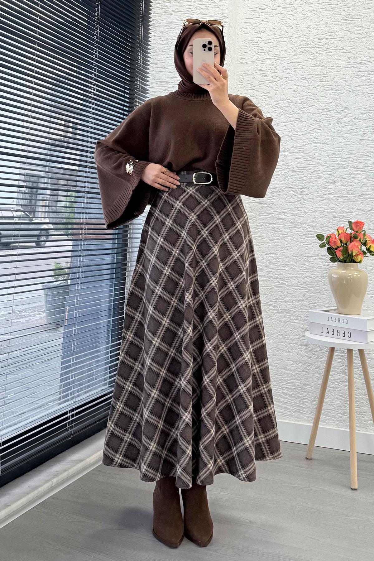 Kemerli Yandan Fermuarlı Ekose Desen Etek - Kahverengi