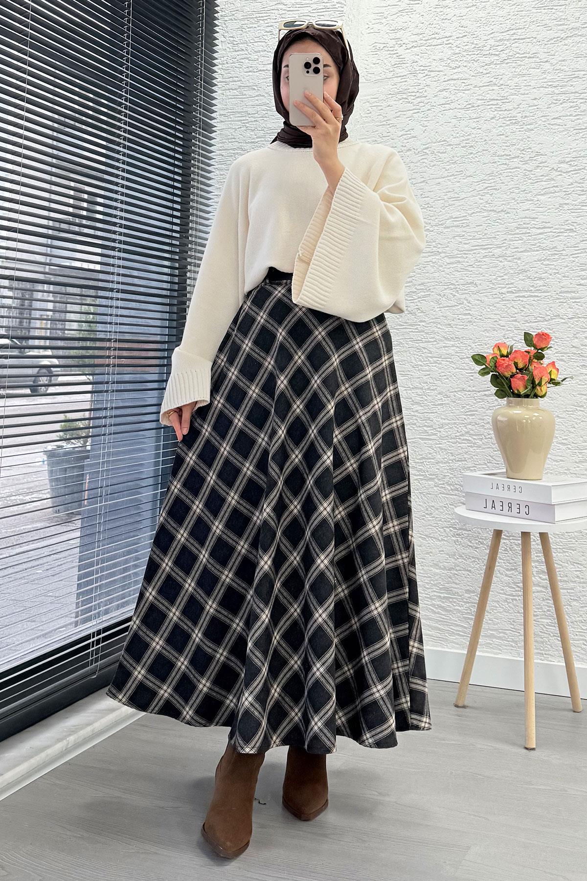 Kemerli Yandan Fermuarlı Ekose Desen Etek - Siyah