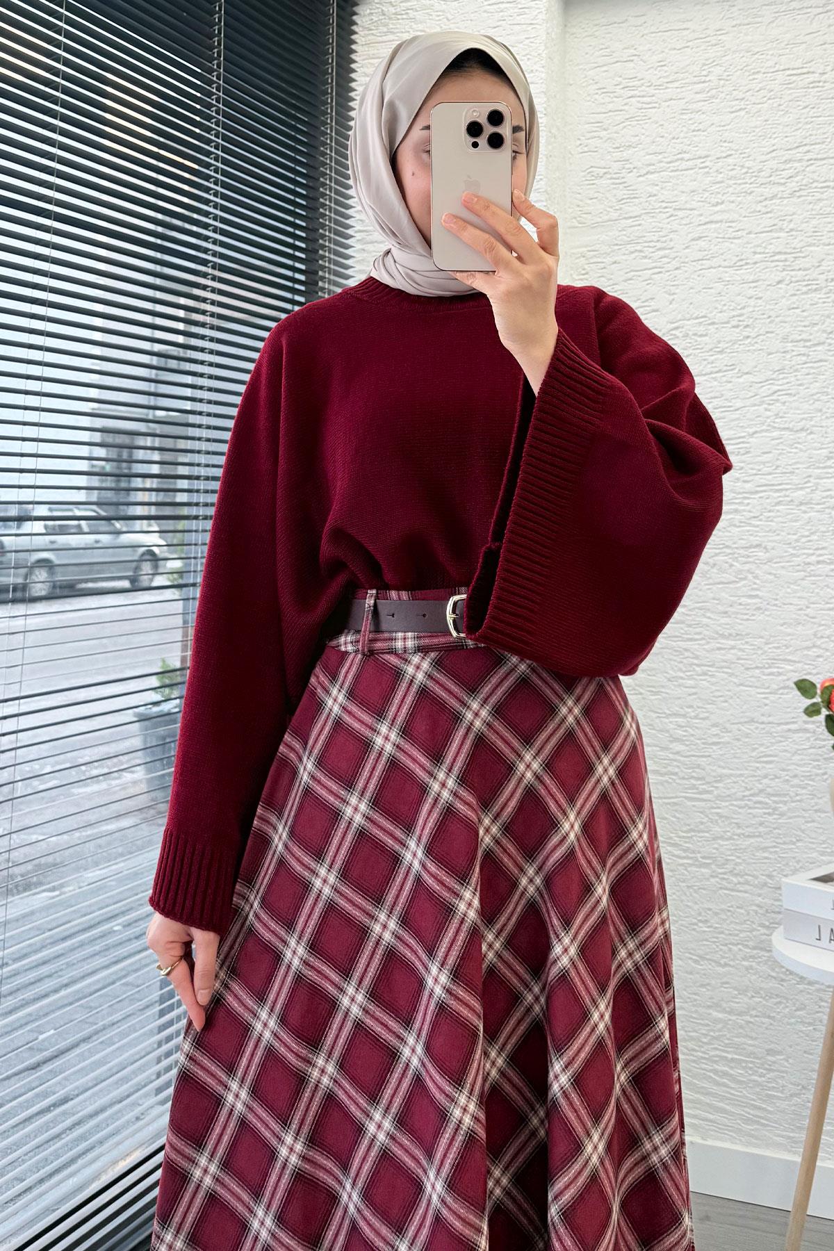 Kemerli Yandan Fermuarlı Ekose Desen Etek - Bordo