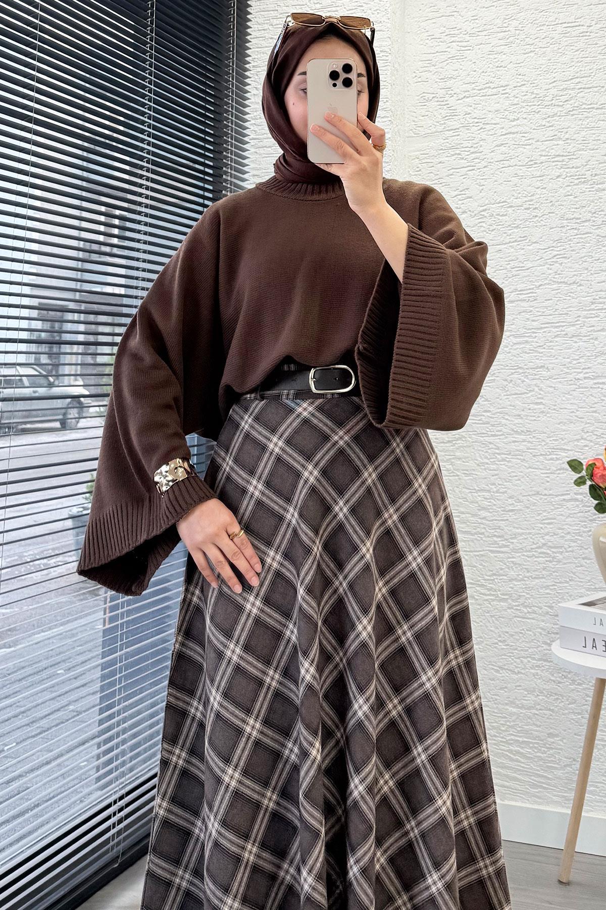 Kemerli Yandan Fermuarlı Ekose Desen Etek - Kahverengi