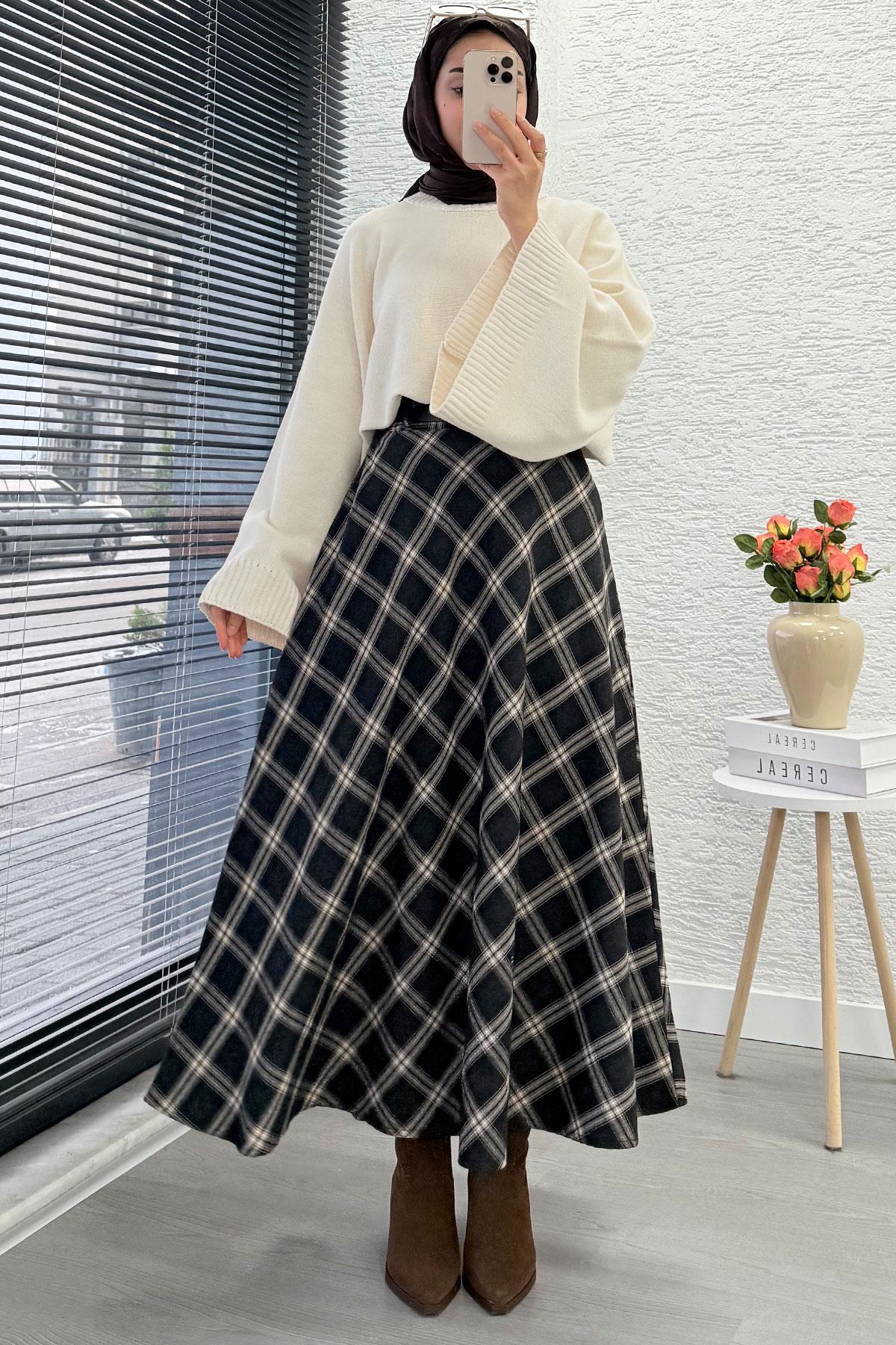 Kemerli Yandan Fermuarlı Ekose Desen Etek - Siyah