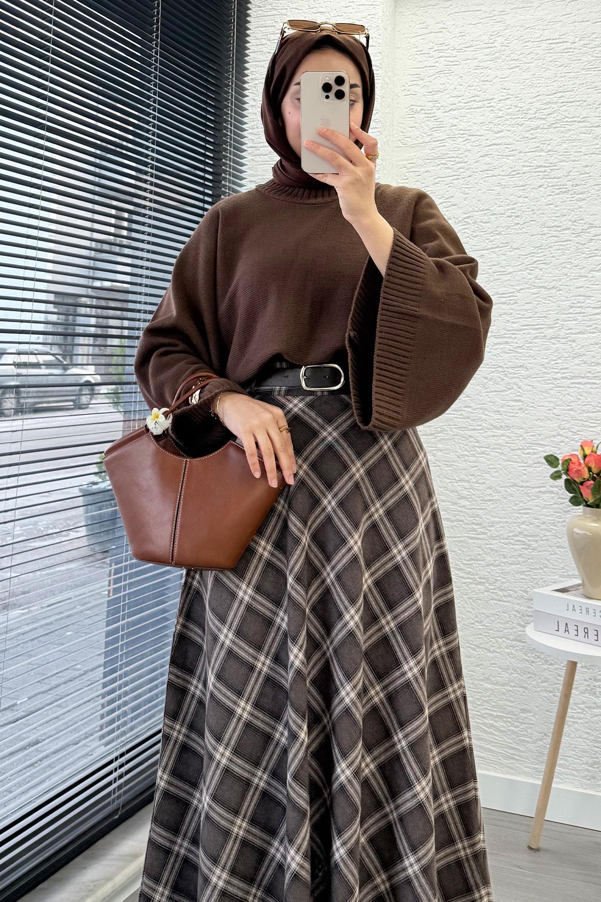 Kemerli Yandan Fermuarlı Ekose Desen Etek - Kahverengi