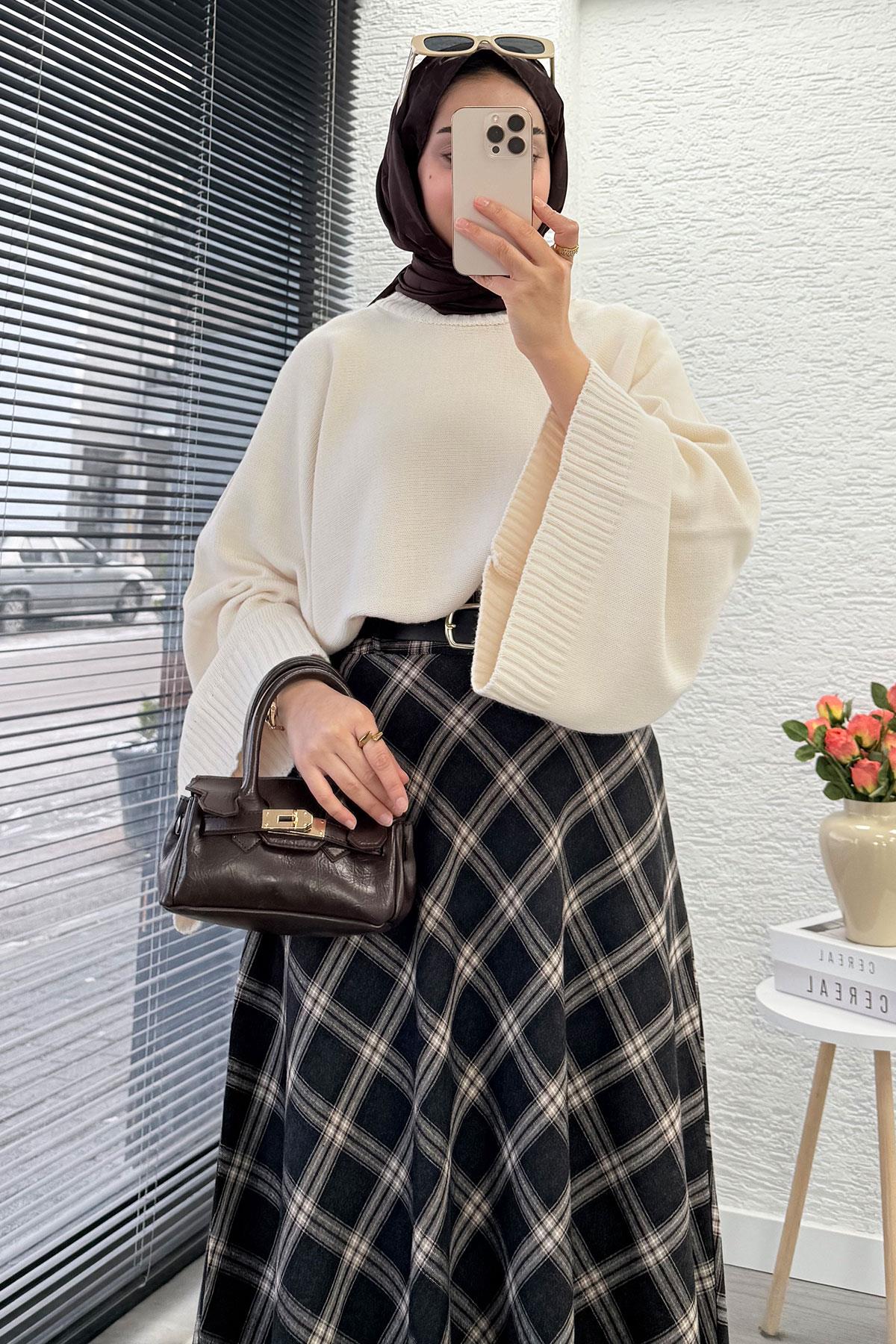 Kemerli Yandan Fermuarlı Ekose Desen Etek - Siyah