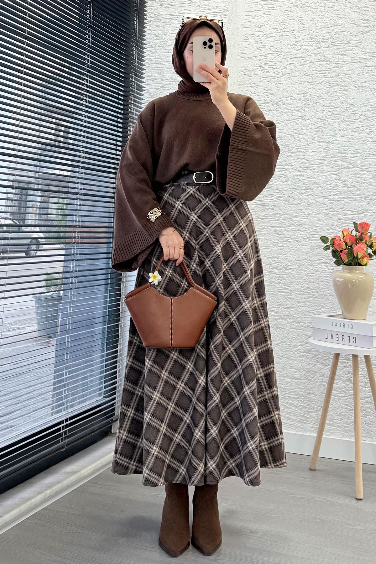 Kemerli Yandan Fermuarlı Ekose Desen Etek - Kahverengi