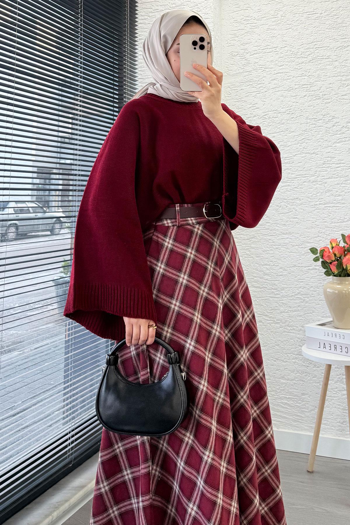 Kemerli Yandan Fermuarlı Ekose Desen Etek - Bordo