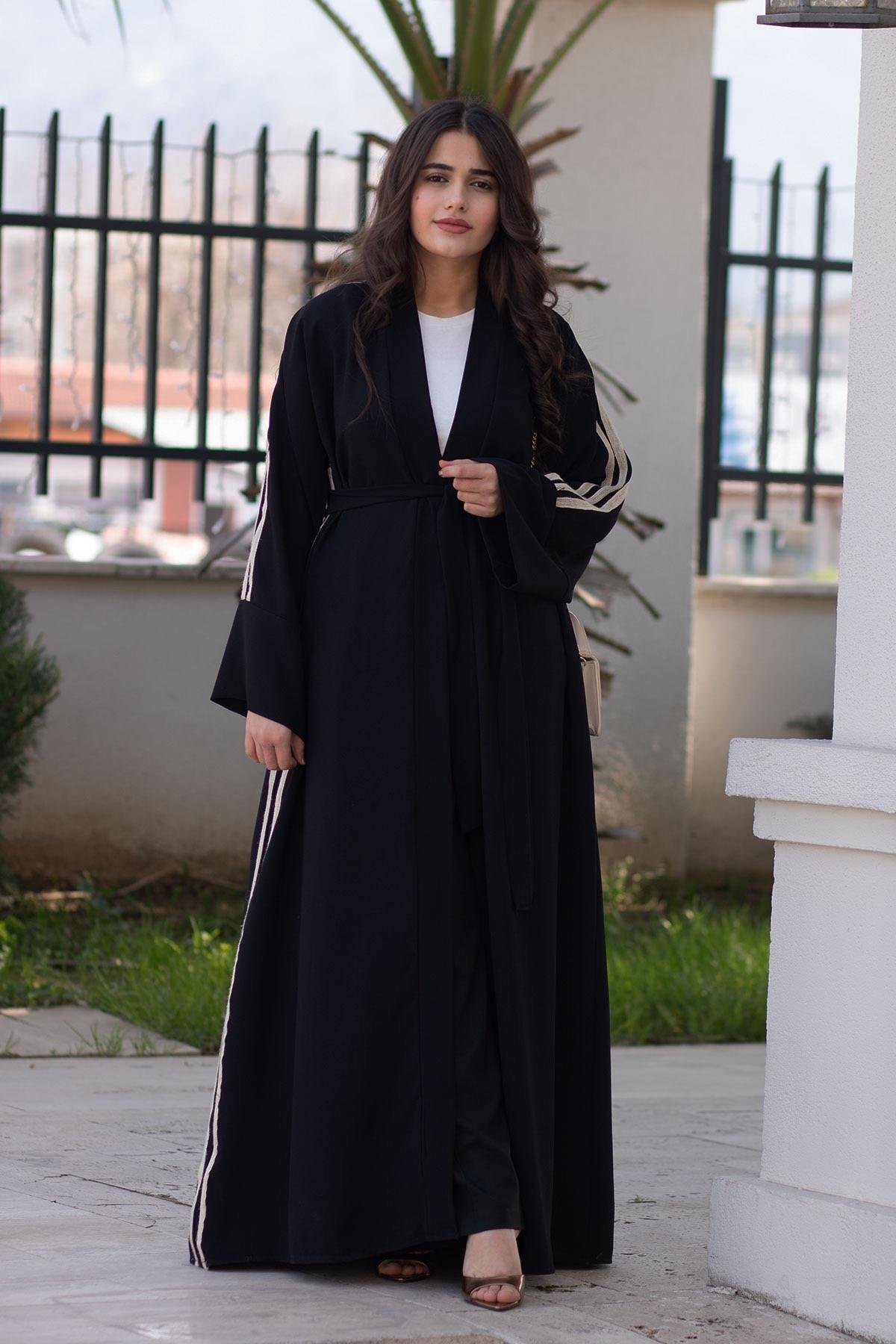 Keten Şeritli Abaya-Siyah