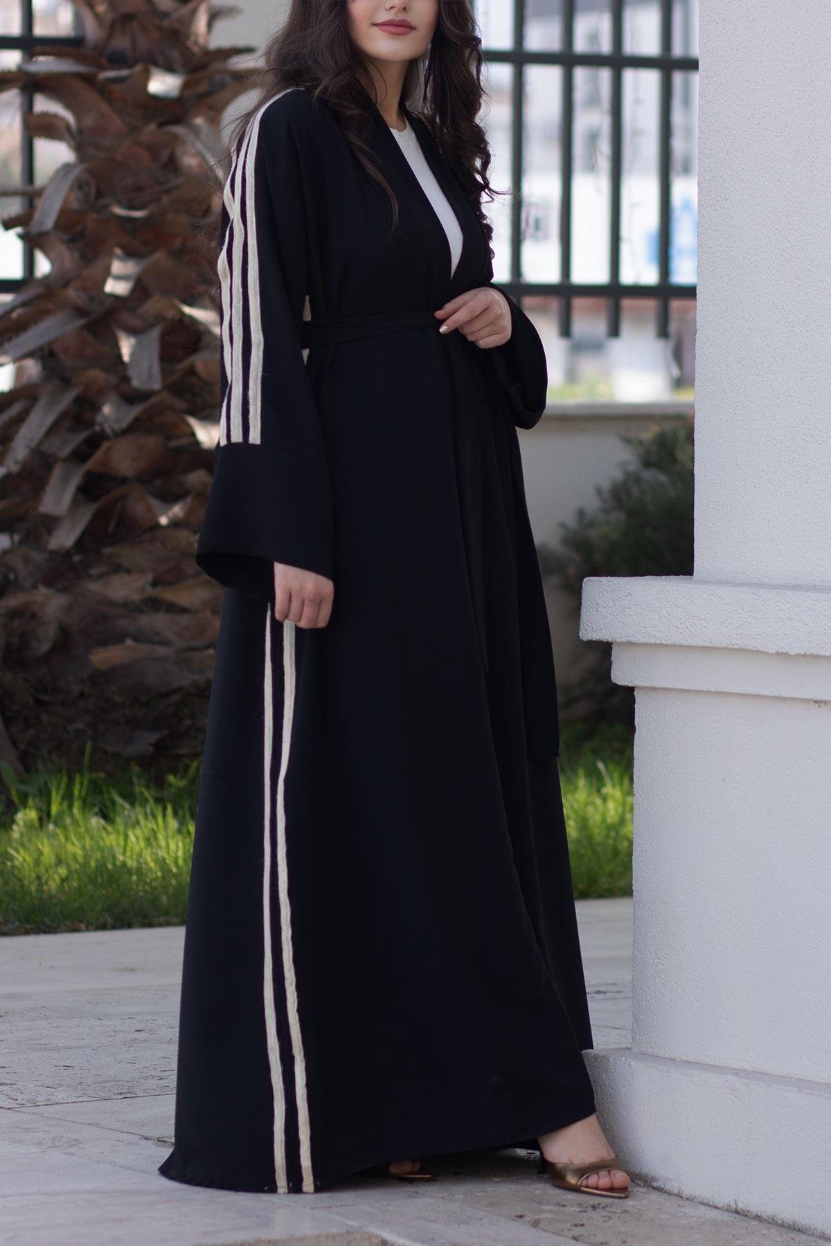Keten Şeritli Abaya-Siyah