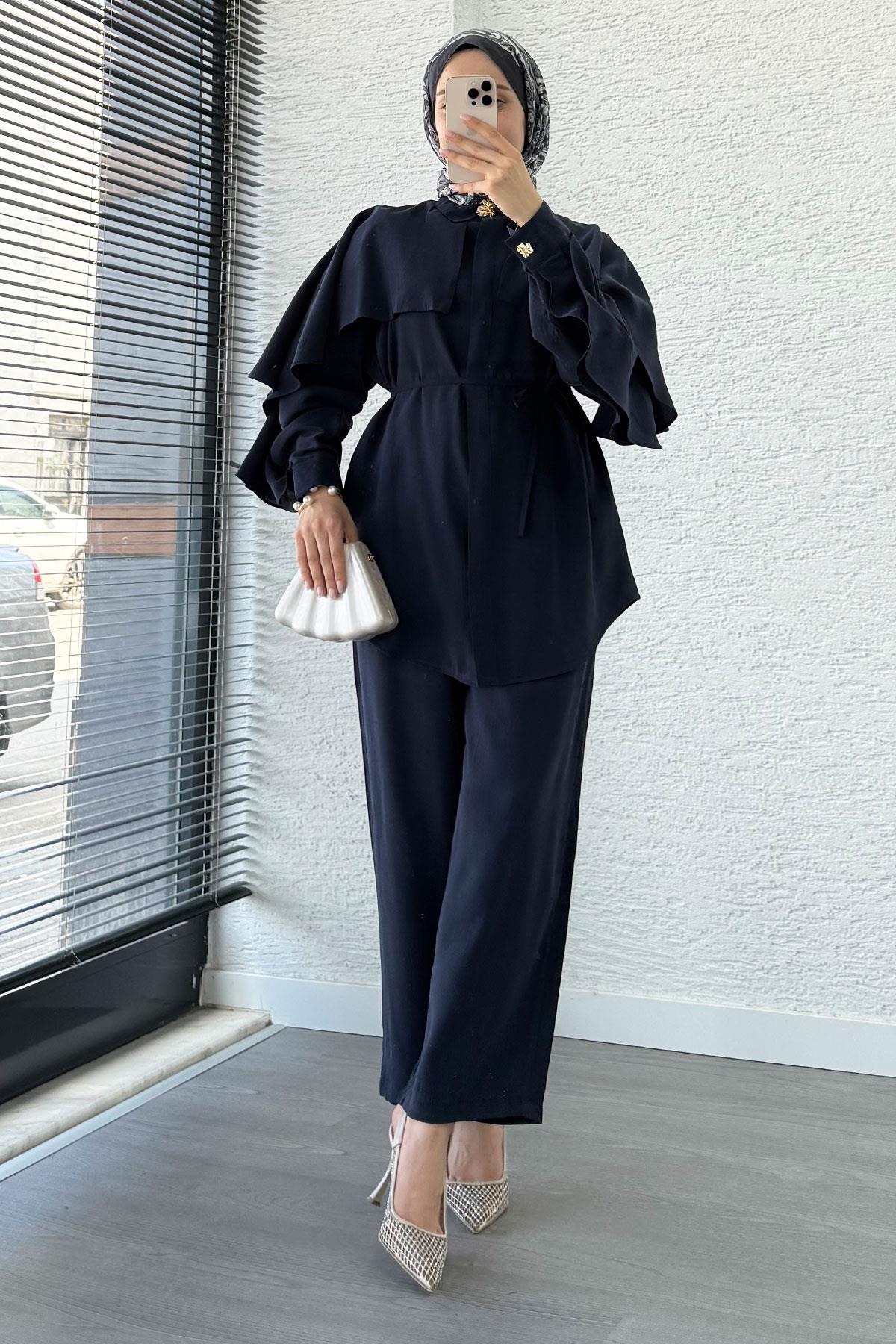 Kol Fırfır Detay Tunik Pantolon Takım -Lacivert