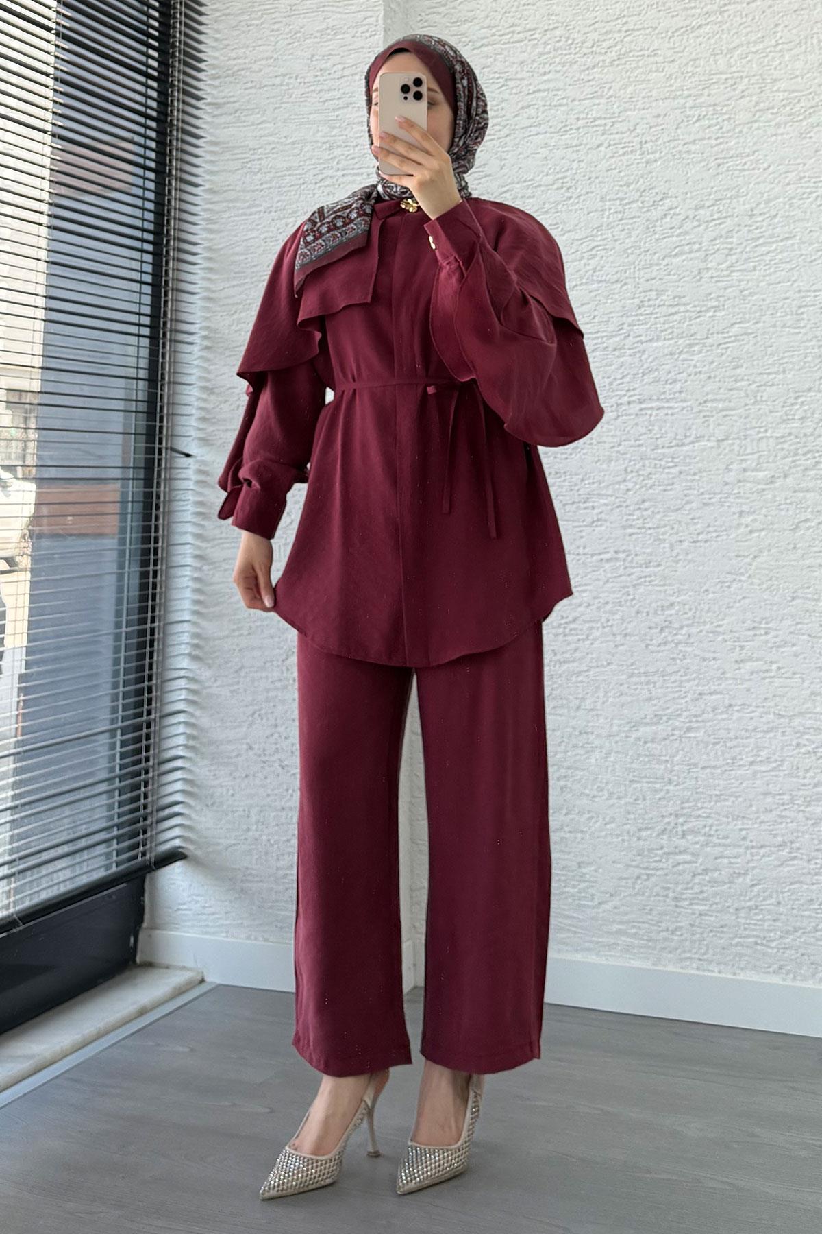 Kol Fırfır Detay Tunik Pantolon Takım -Bordo