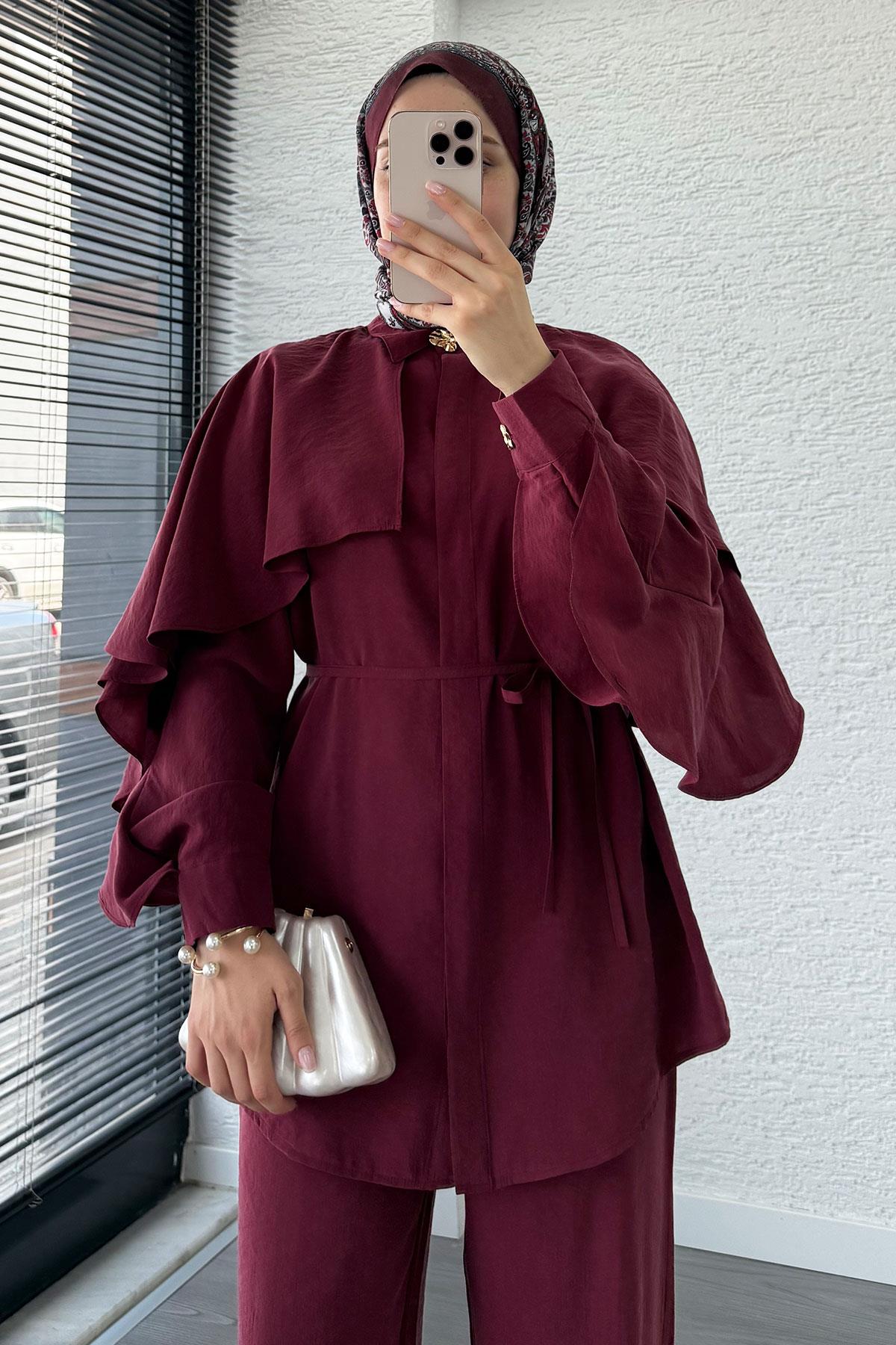 Kol Fırfır Detay Tunik Pantolon Takım -Bordo