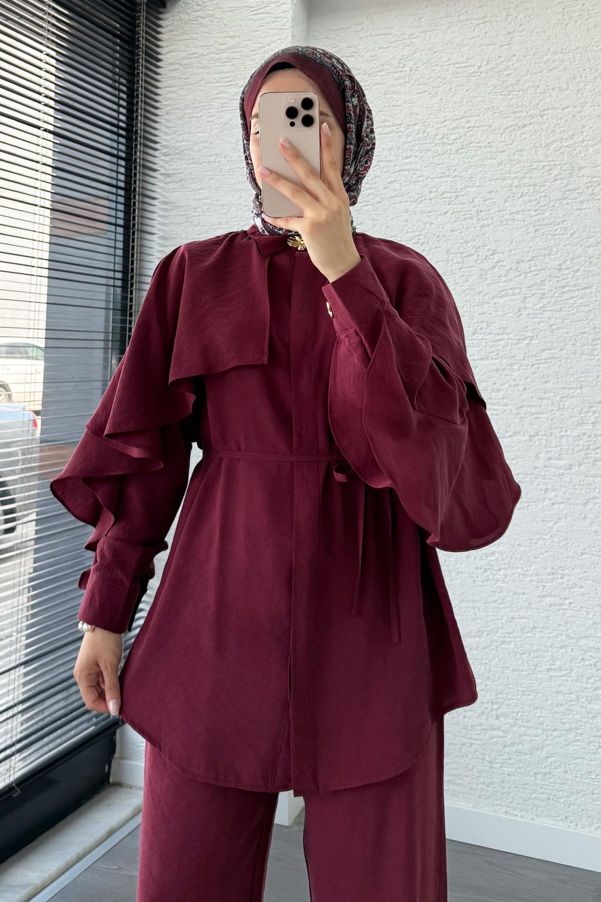 Kol Fırfır Detay Tunik Pantolon Takım -Bordo