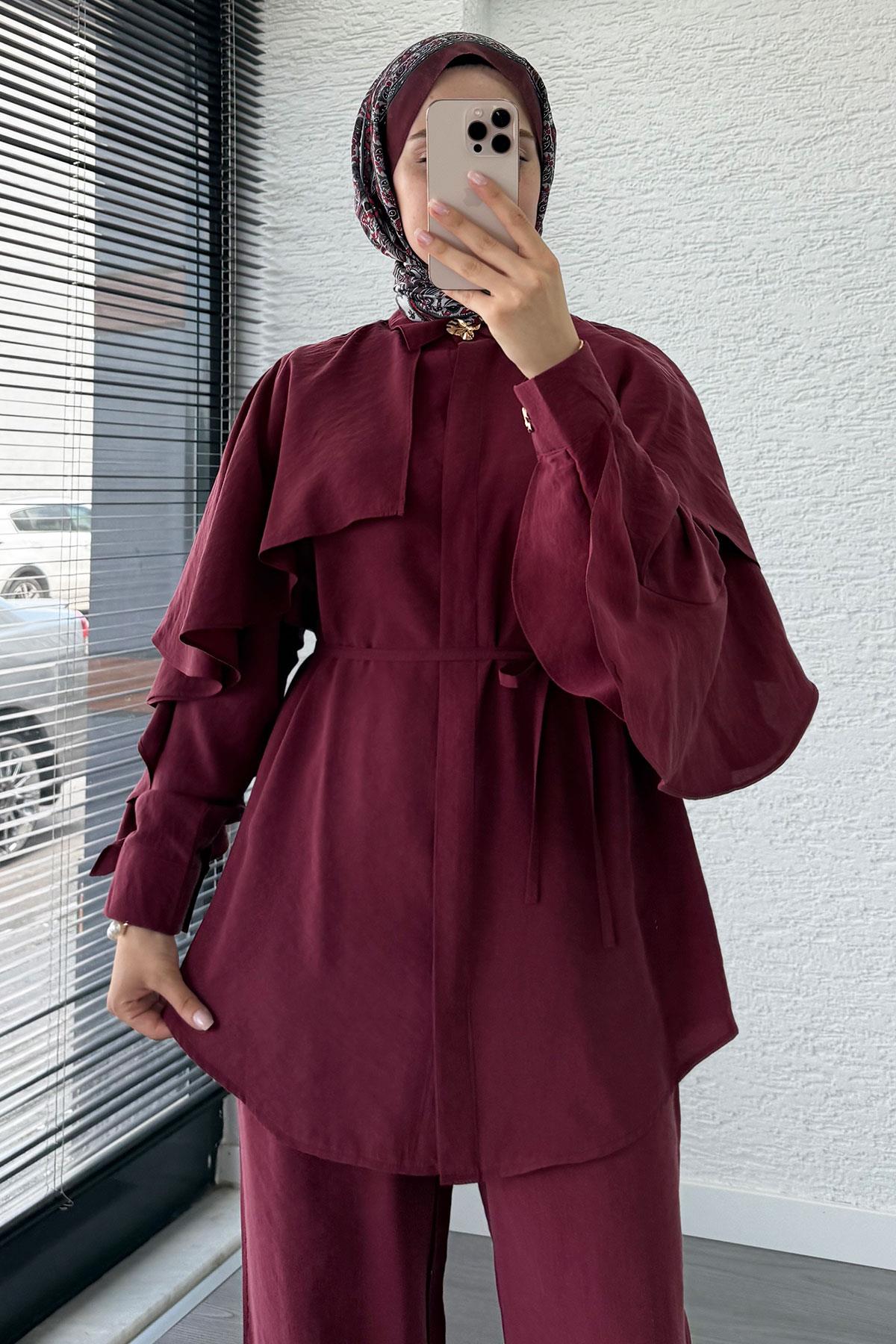 Kol Fırfır Detay Tunik Pantolon Takım -Bordo