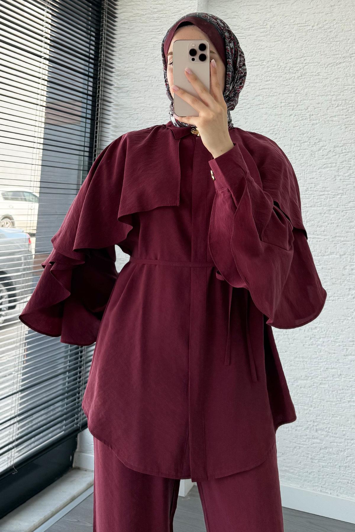 Kol Fırfır Detay Tunik Pantolon Takım -Bordo