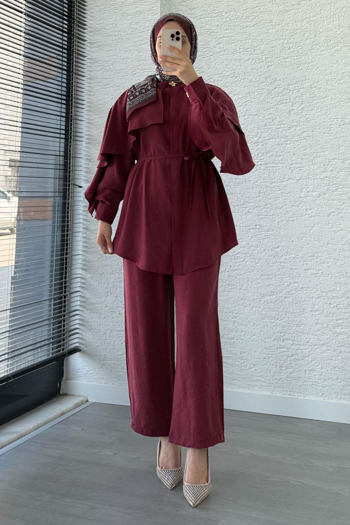Kol Fırfır Detay Tunik Pantolon Takım -Bordo