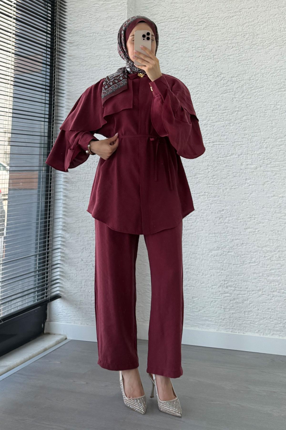 Kol Fırfır Detay Tunik Pantolon Takım -Bordo