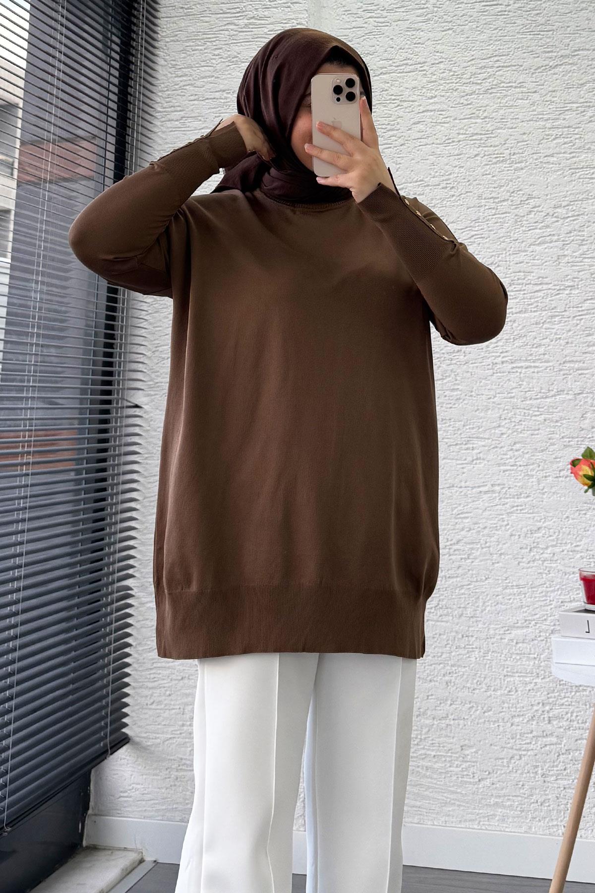 Kolu Düğme Detaylı Merserize Kadın Tunik – Kahverengi