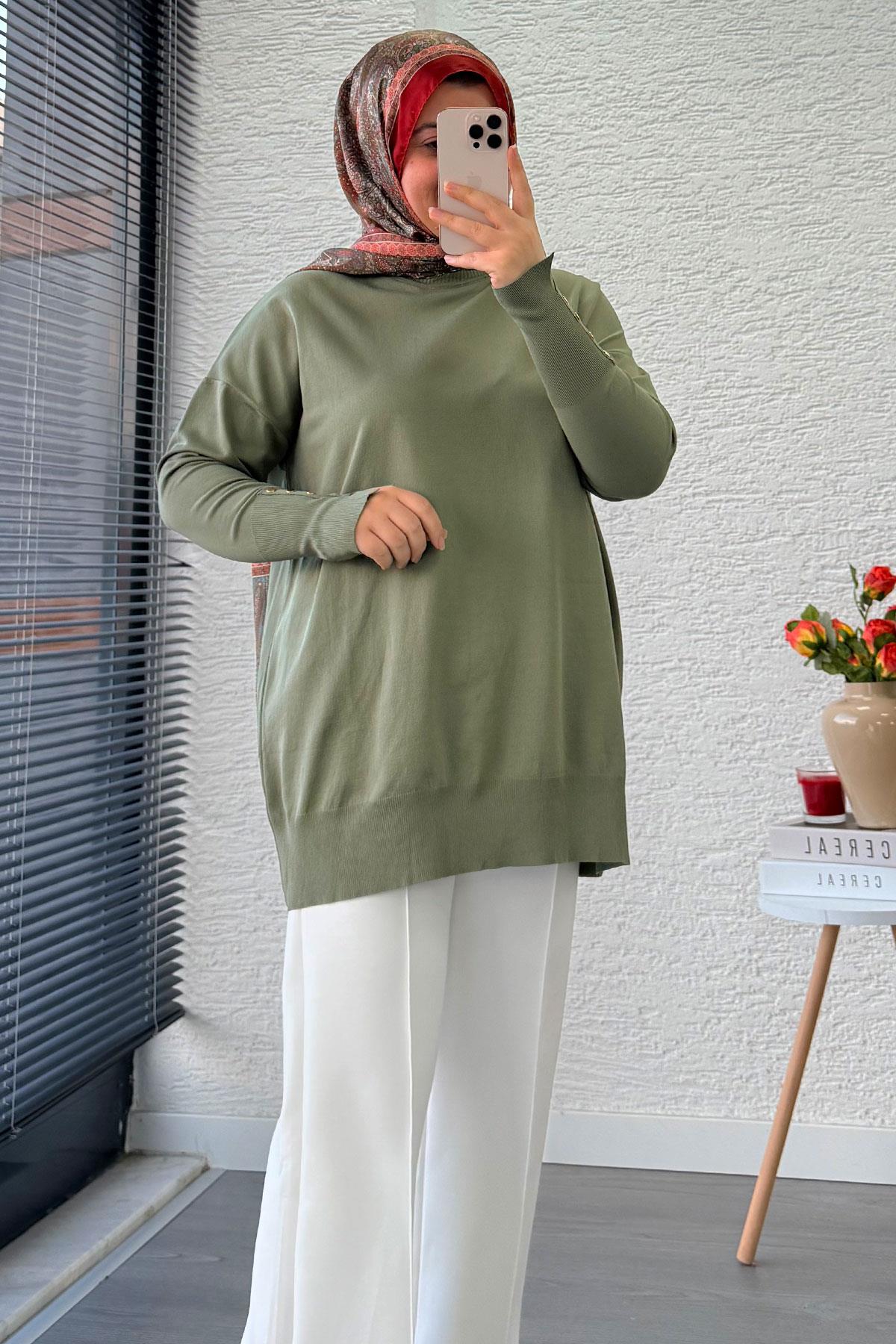 Kolu Düğme Detaylı Merserize Kadın Tunik – Haki