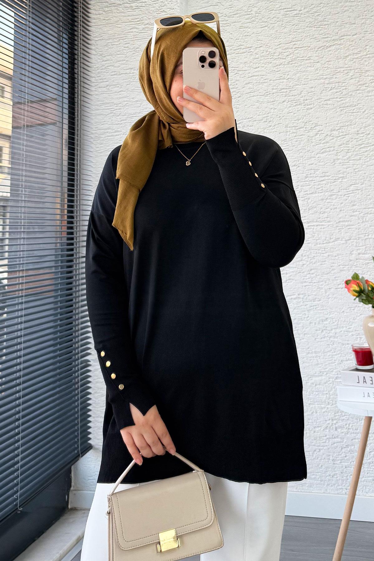 Kolu Düğme Detaylı Merserize Kadın Tunik – Siyah