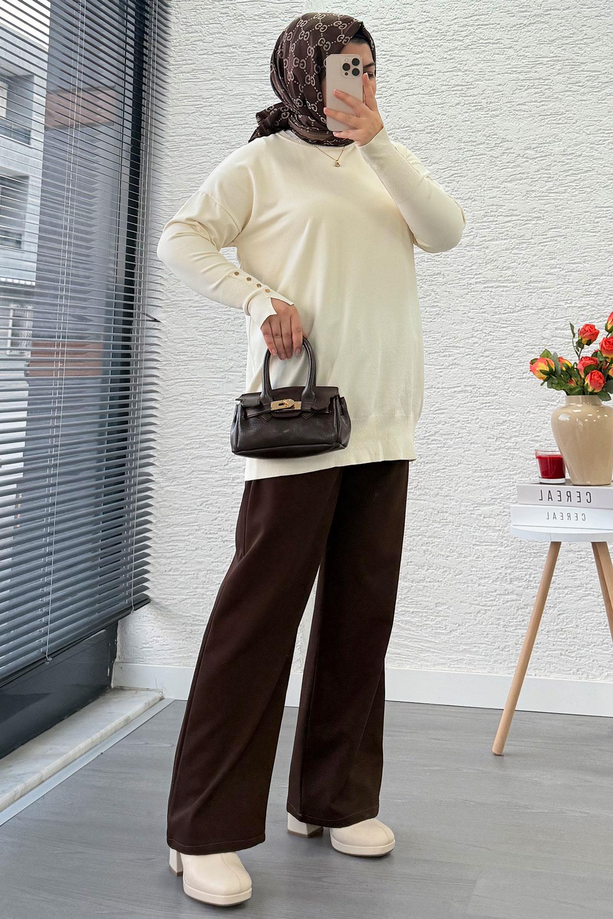 Kolu Düğme Detaylı Merserize Kadın Tunik –Ekru