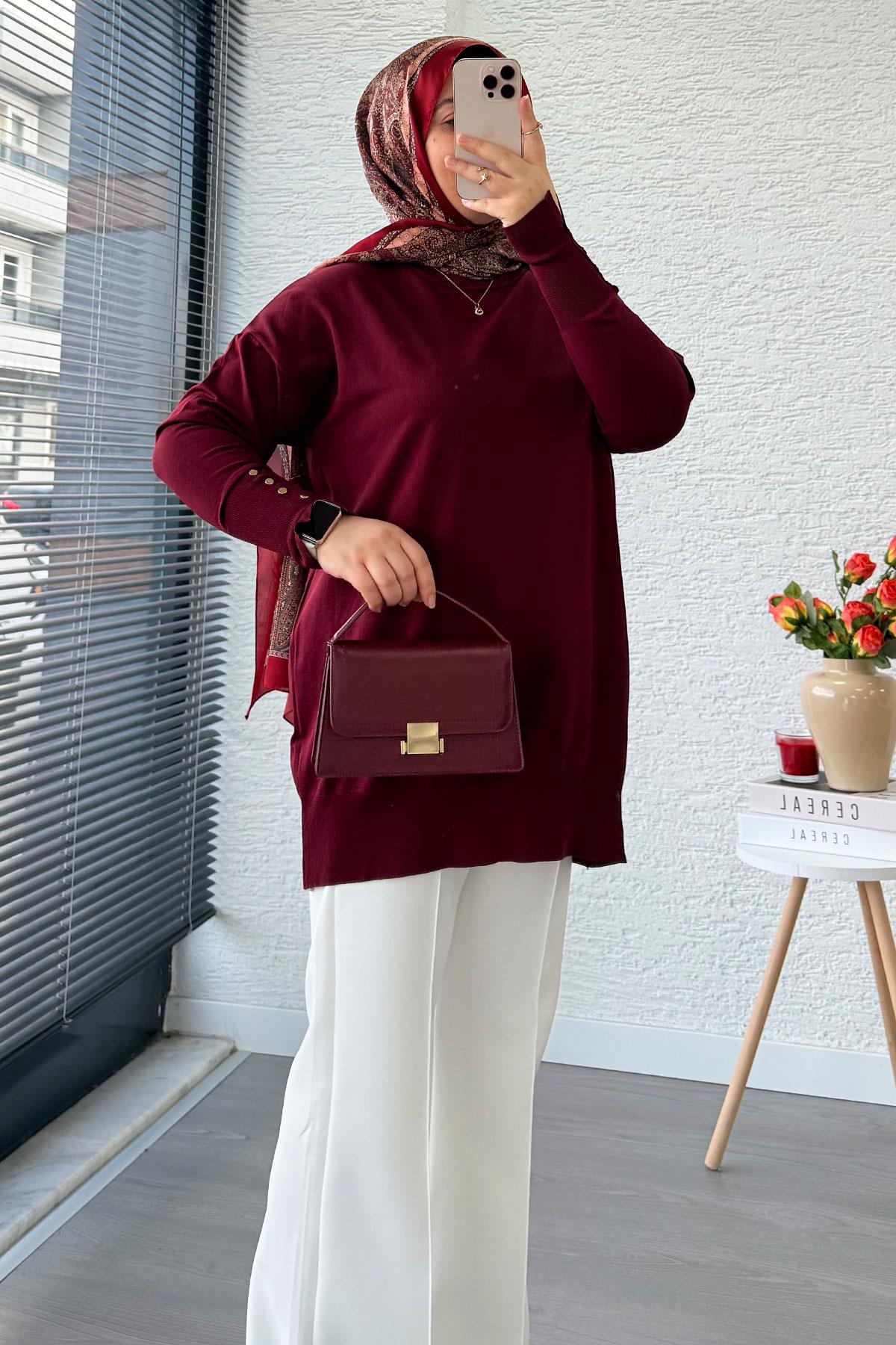 Kolu Düğme Detaylı Merserize Kadın Tunik – Bordo