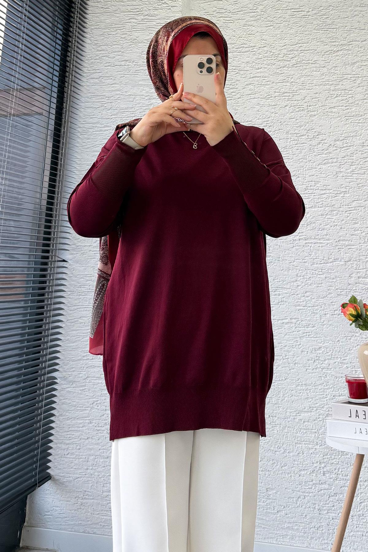 Kolu Düğme Detaylı Merserize Kadın Tunik – Bordo