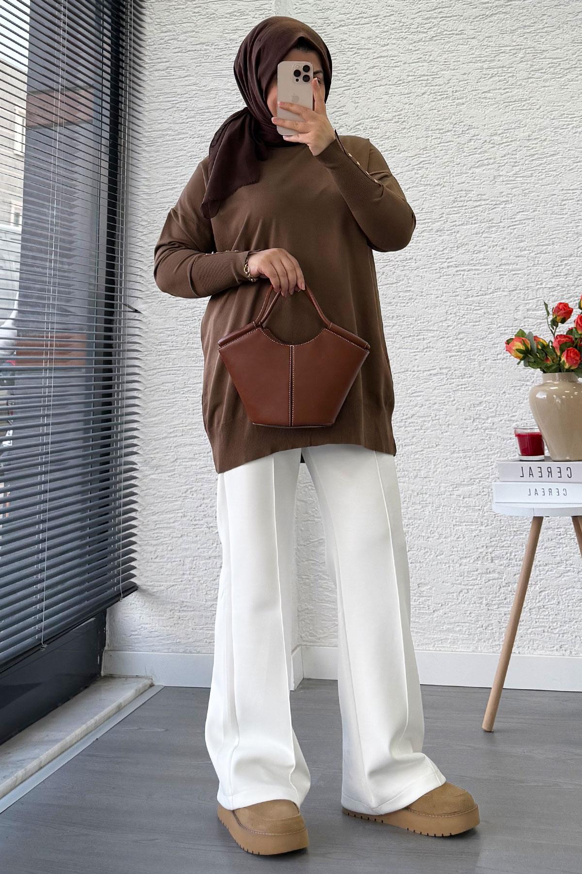 Kolu Düğme Detaylı Merserize Kadın Tunik – Kahverengi