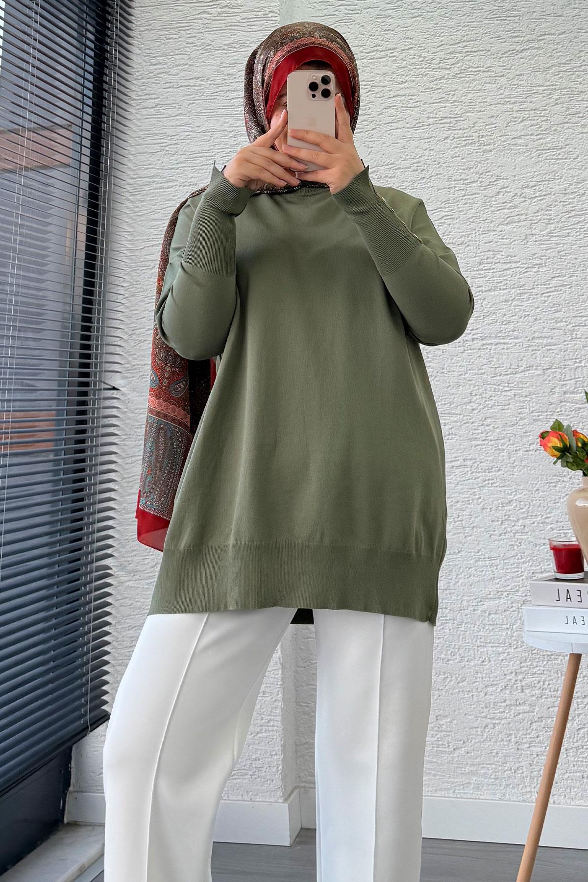 Kolu Düğme Detaylı Merserize Kadın Tunik – Haki