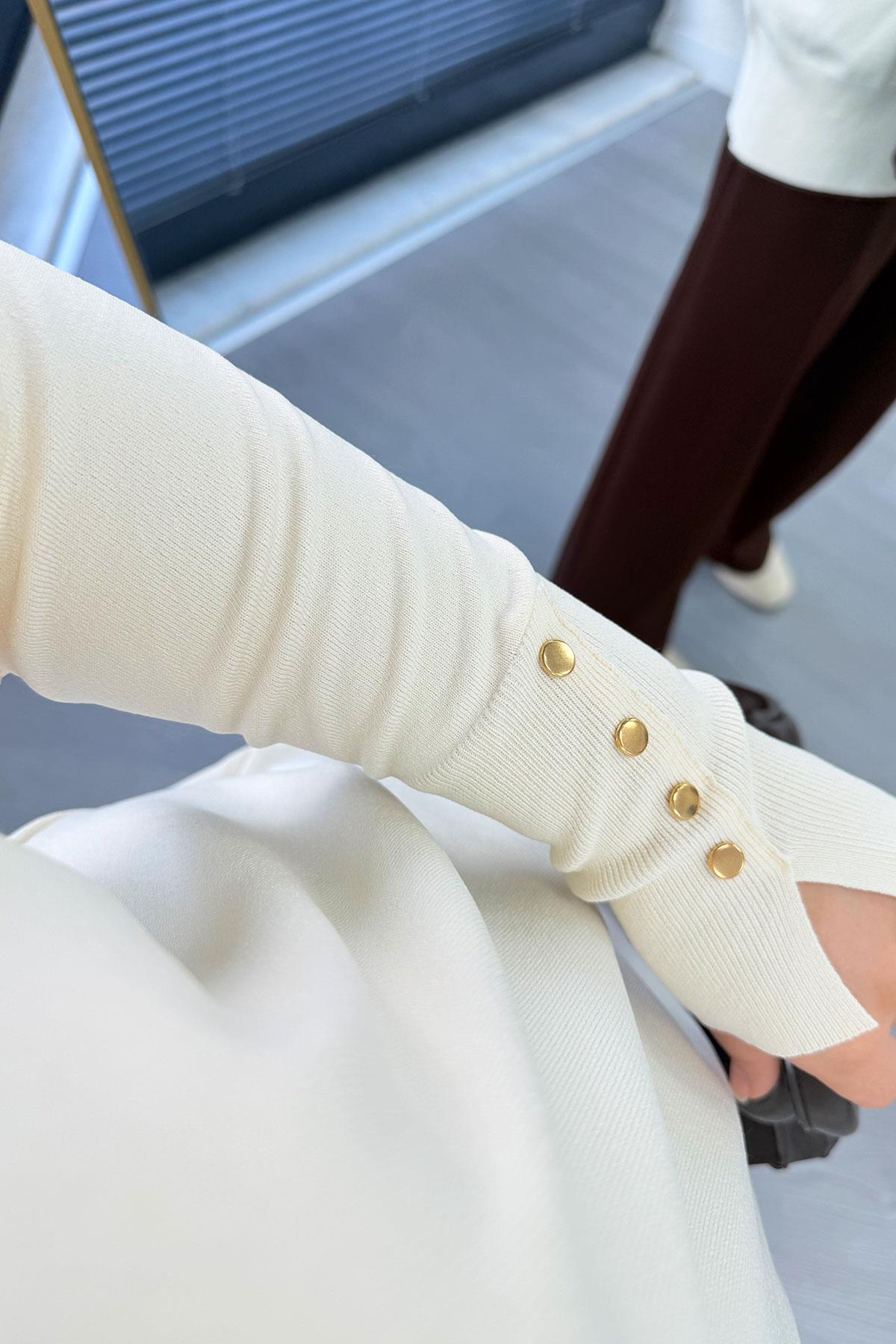 Kolu Düğme Detaylı Merserize Kadın Tunik –Ekru